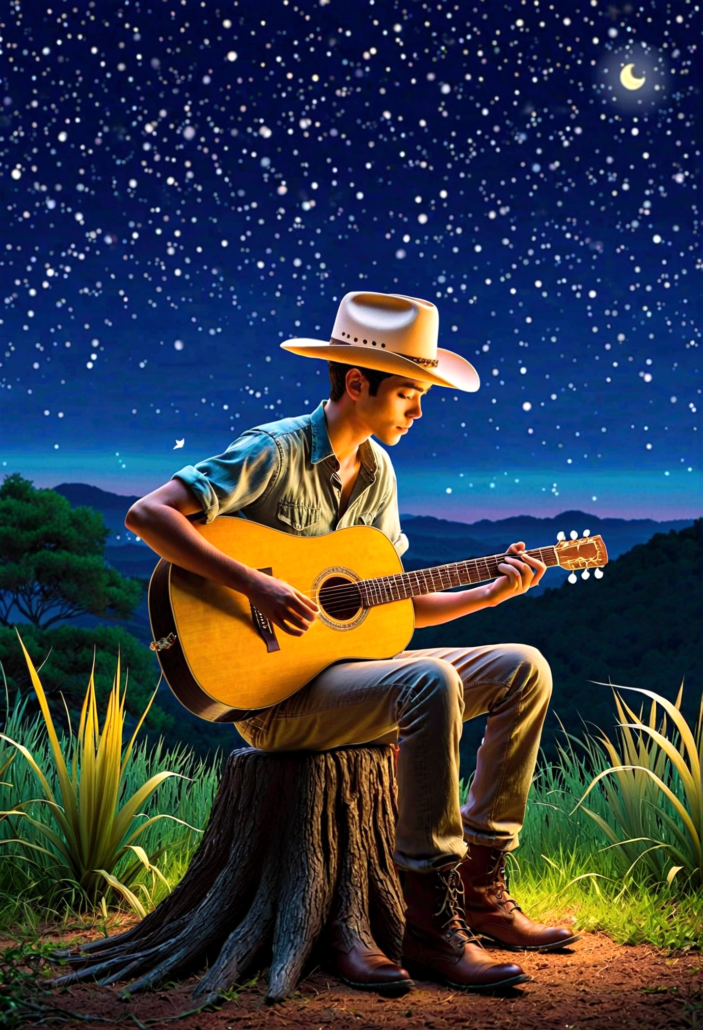 Under a starry night sky, a young man wearing a cowboy hat strums his guitar, the music echoing in the peaceful atmosphere of a Ghibli-style anime night, intricately hand-drawn to magical effect.
