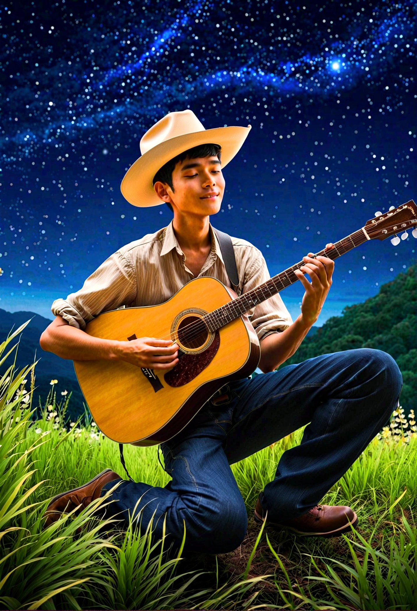 Under a starry night sky, a young man wearing a cowboy hat strums his guitar, the music echoing in the peaceful atmosphere of a Ghibli-style anime night, intricately hand-drawn to magical effect.