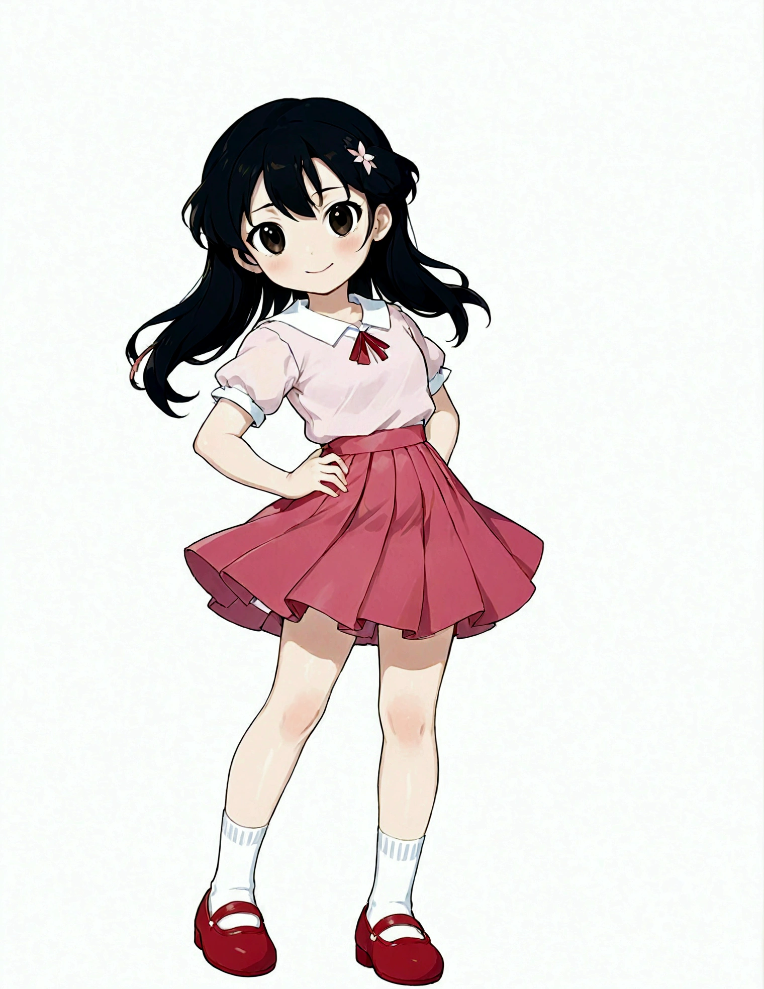 1girl,Black eyes,Black Hair,whole body,shoe,Simple background,skirt,Smile,solo,Standing,Double tail,White background,Minamoto Shizuka