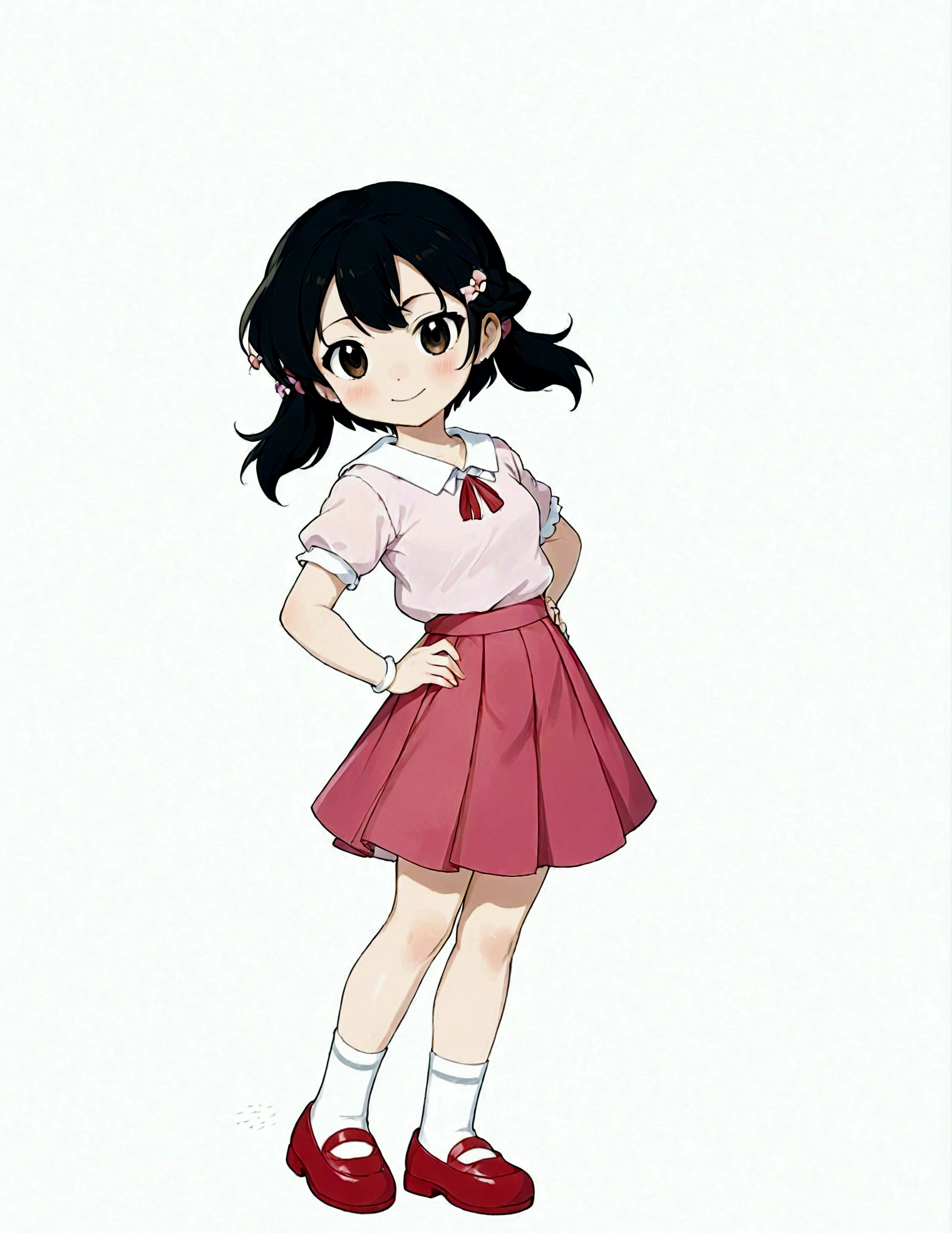 1girl,Black eyes,Black Hair,whole body,shoe,Simple background,skirt,Smile,solo,Standing,Double tail,White background,Minamoto Shizuka