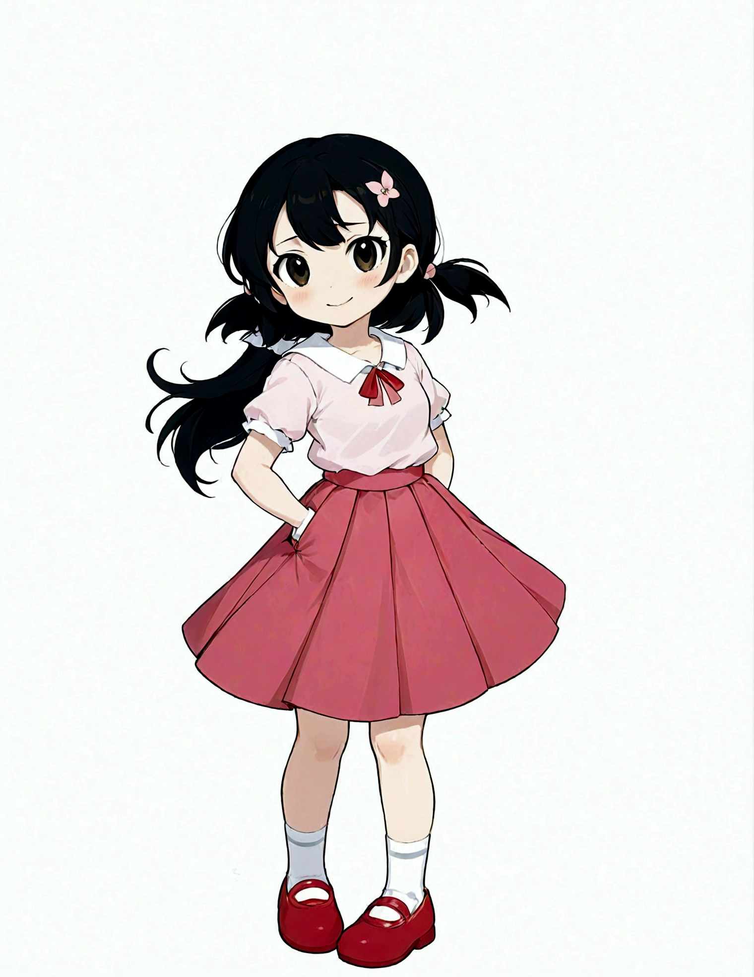 1girl,Black eyes,Black Hair,whole body,shoe,Simple background,skirt,Smile,solo,Standing,Double tail,White background,Minamoto Shizuka