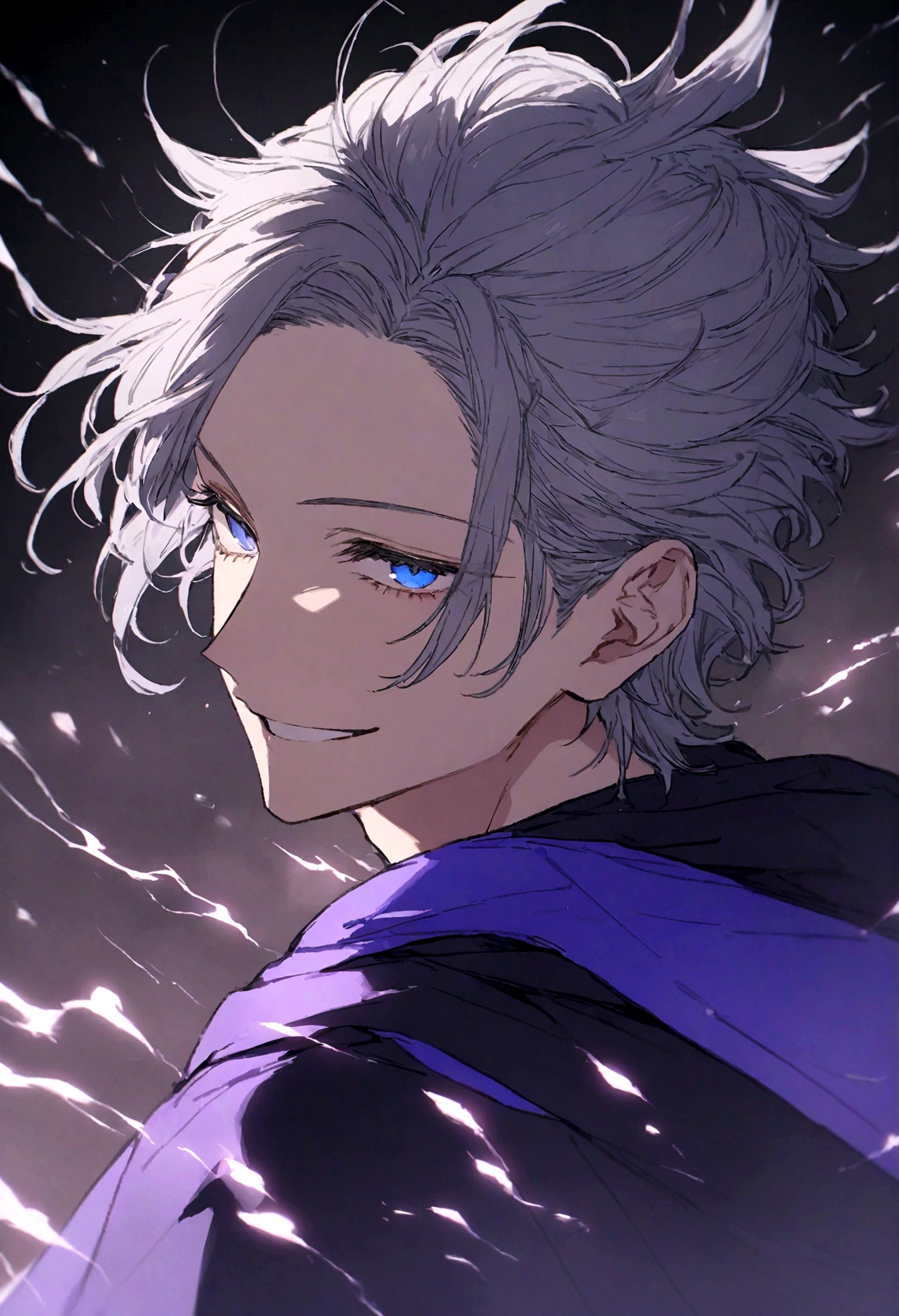 (masterpiece, 32k, 8k, image with ultra effects), background with several thunders and black clouds, human, 26 year old man, silver and spiky hair, electric blue eyes, confident smile on his face, purple blue cape, (image focused only on the character's face)