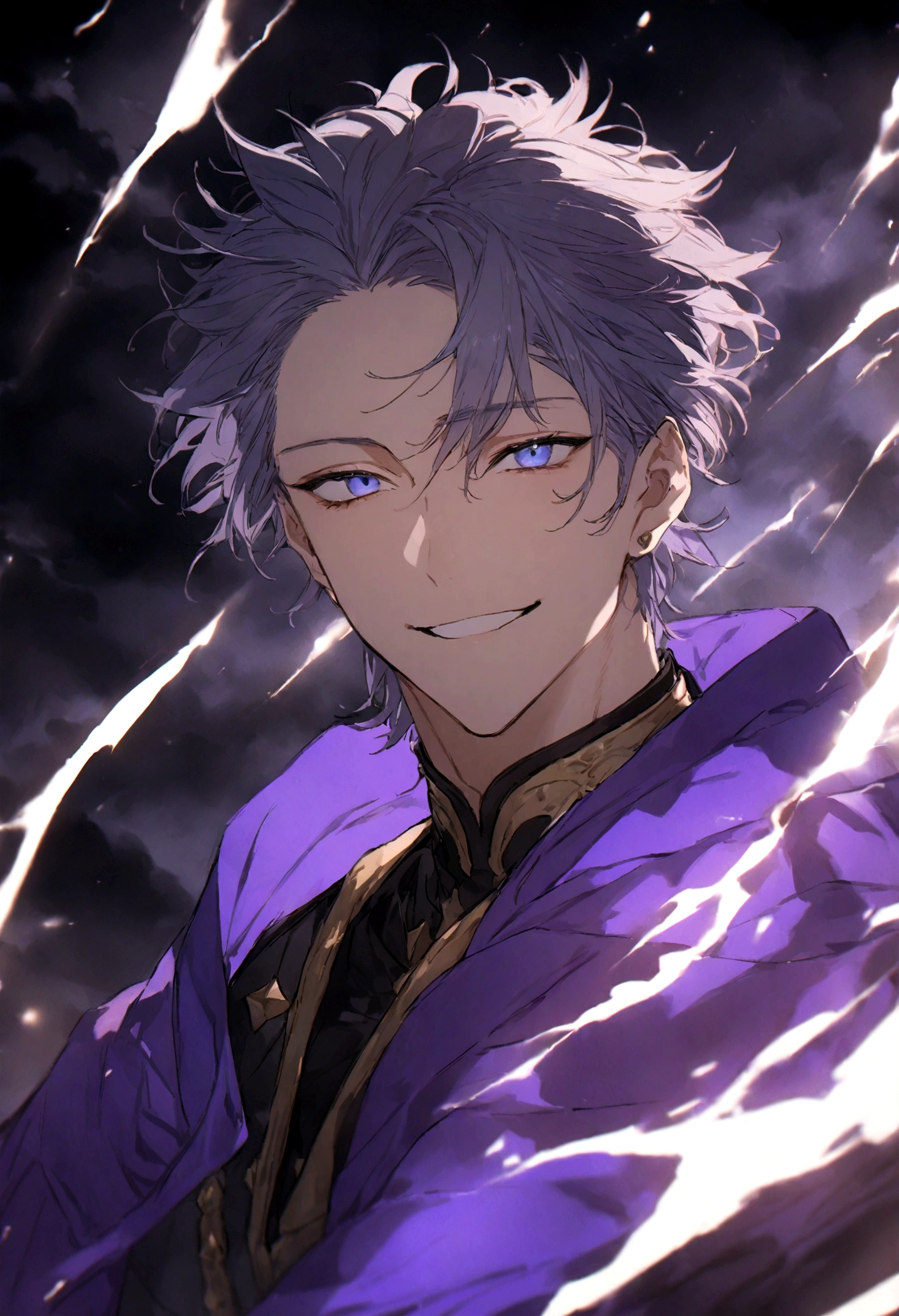 (masterpiece, 32k, 8k, image with ultra effects), background with several thunders and black clouds, human, 26 year old man, silver and spiky hair, electric blue eyes, confident smile on his face, purple blue cape, (image focused only on the character's face)