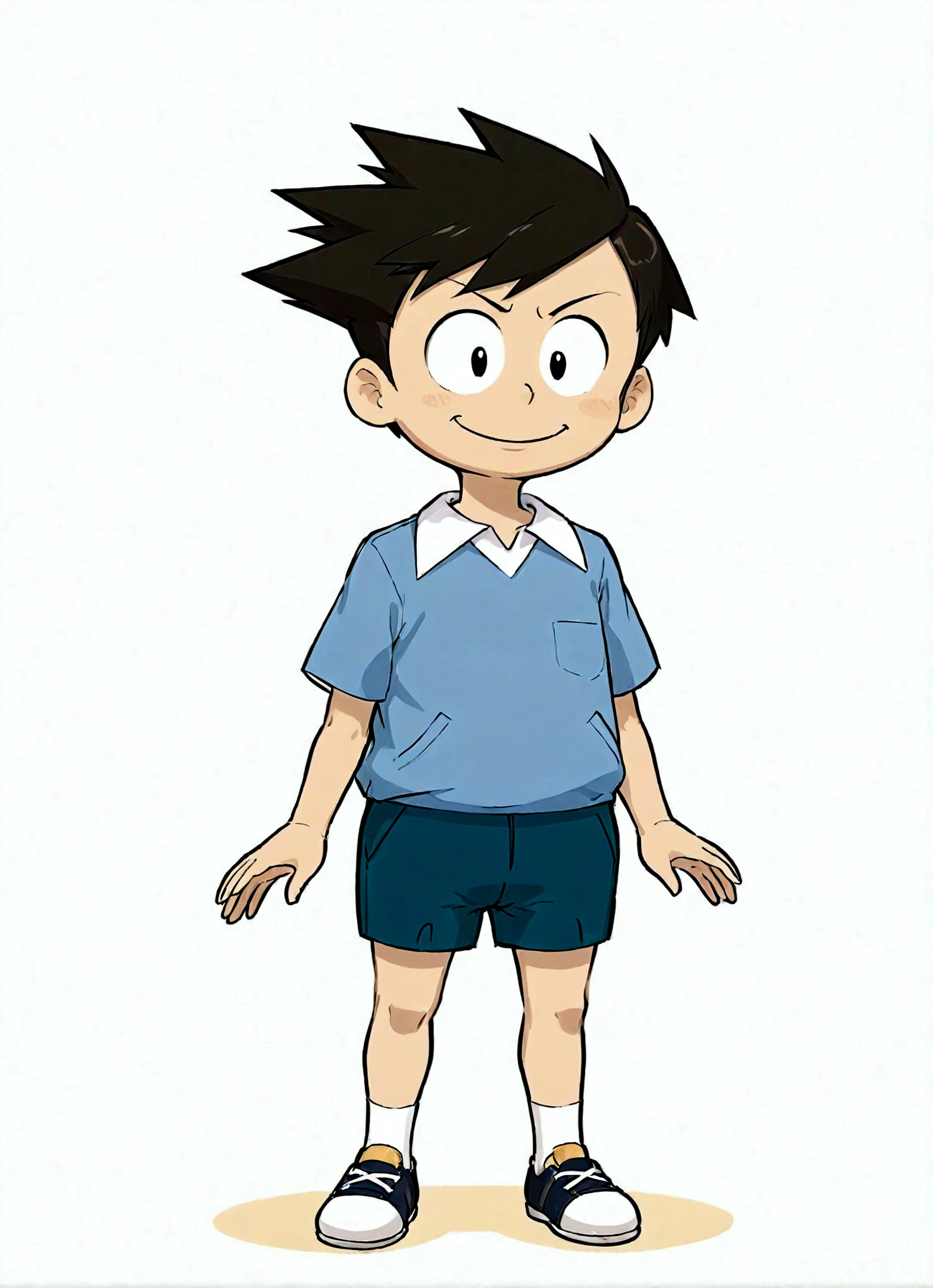 short hair，Blue Shirt，绿色shorts，Place your hands in your trouser pockets，1boy，whole body，Male focus，shorts，Simple background，Smile，solo，White background，Bonegawa Suneo