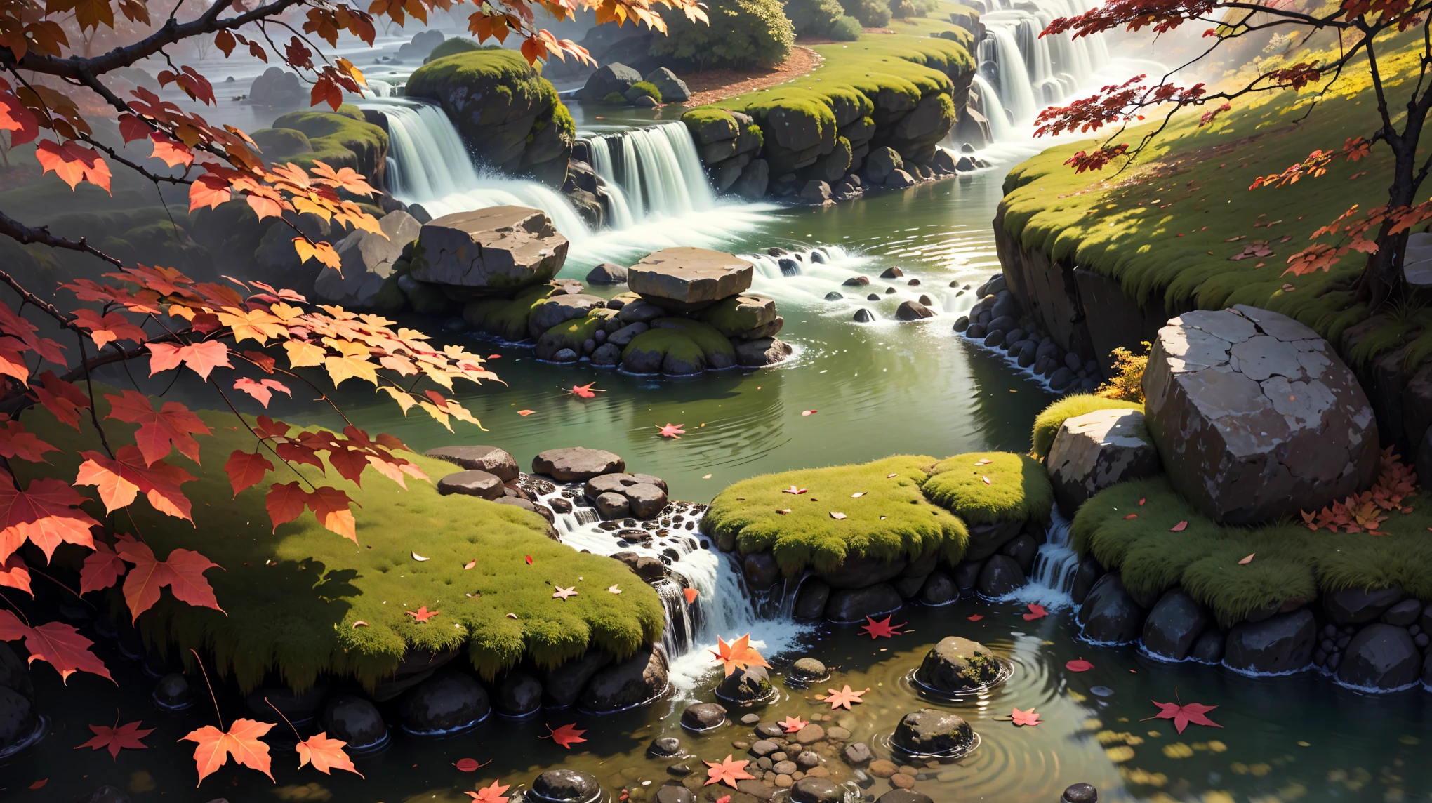 Top quality、Top image quality、masterpiece、Small waterfall floating in the valley，Beautiful autumn leaves