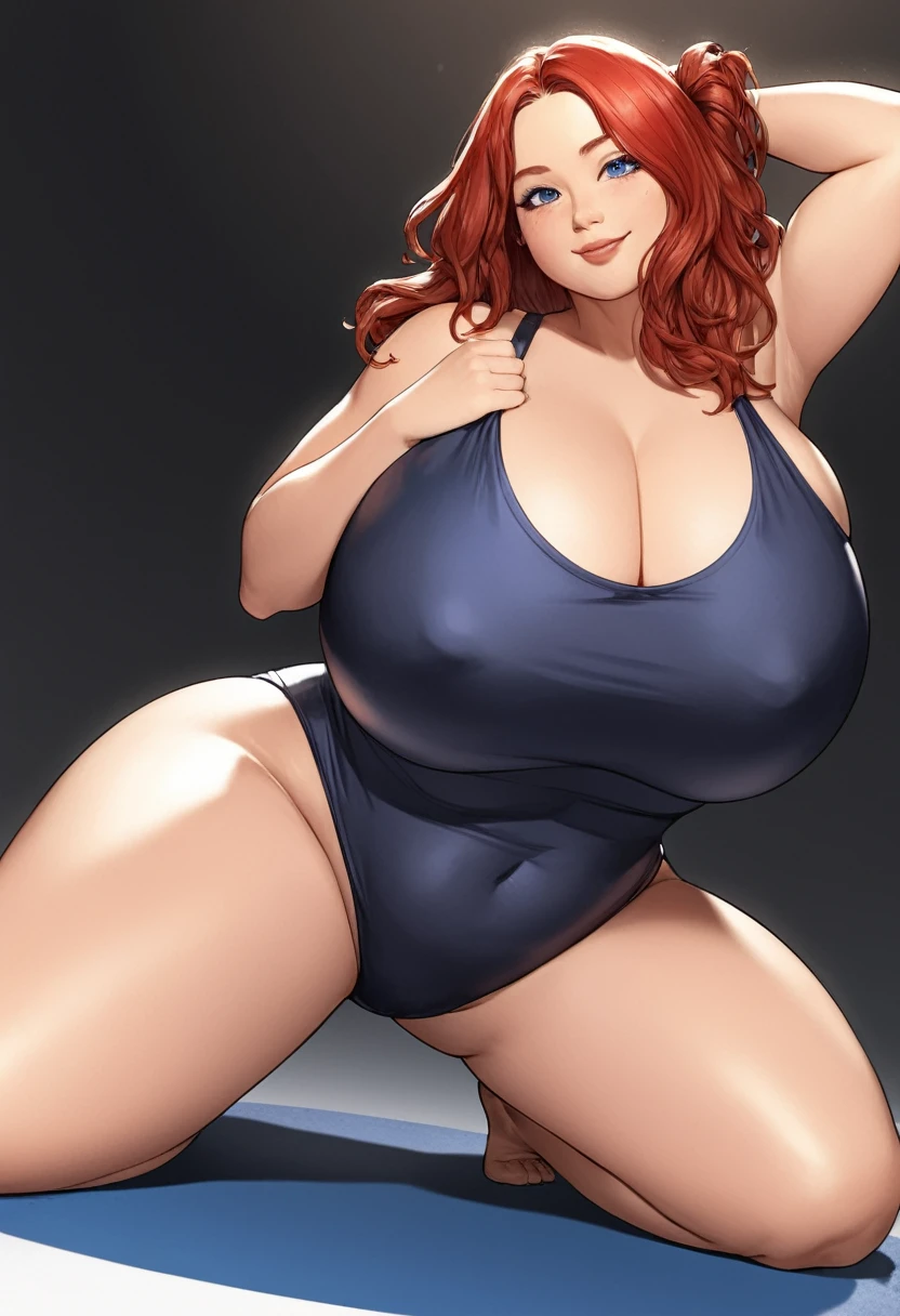 detailed illustration (side view),dynamic angle,ultra-detailed, illustration, pose for the camera, smiling at viewer, clean line art, shading, anime, detailed eyes, detailed face, beautiful face, dramatic lighting,detailed illustration, dynamic angle, ultra-detailed, illustration, 1girl, late 20’s year old, sensual face, gorgeous face,

Beautiful woman, chubby woman, the fat friend, medium length red hair, smiling, tall, long legs, college age woman, beautiful, plump, fat, plump arms, chubby legs, wide hips, big butt, big pot belly, 

Wrestling, college wrestling, wrestling team uniform, leotard, tight clothes, heavy weight champion, proportional body parts, fat, jiggly, muscular 