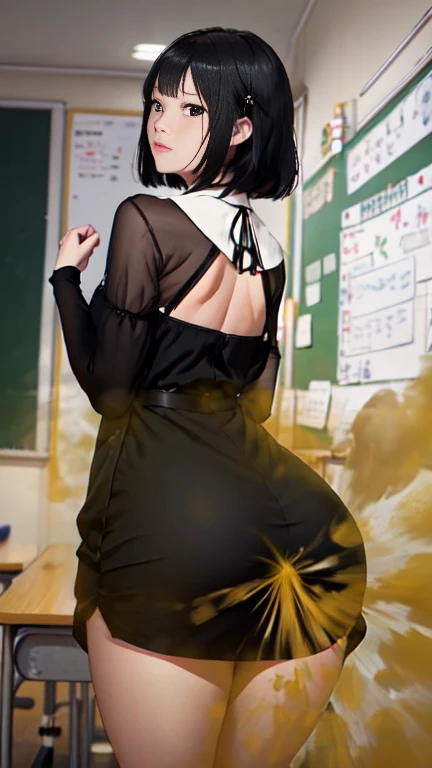 ((velocity)),Attacked by farts, (((Women farting))),(girl farting while stand)),frowned,velocity,(a female teacher),(wearing a black short dress),(),(view from behind) (short hair black hair),(Asian woman),(classroom),(masterpiece:1.2、top-quality)、(the Extremely Detailed CG Unity 8K Wallpapers、ultra-detailliert、Best Shadows)、(Detailed background)、(The best lighting、extremely delicate and beautiful)、depth of fields、1girl in、report、upward looking gaze、