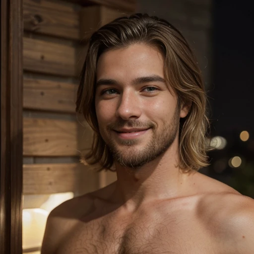 Imaginez un homme habile portant une blonde aux cheveux noirs et une barbe avec un sourire tout nue