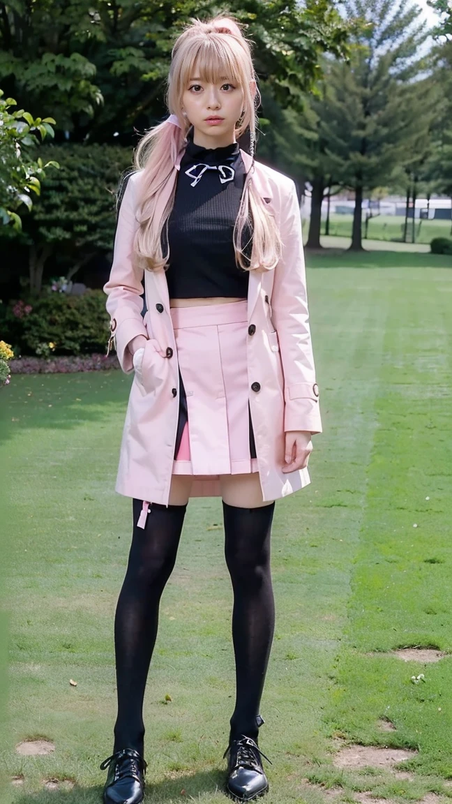 (8k、RAW Photos、highest quality、masterpiece:1.2)、(Realistic、Realistic)、1 girl、((Pink Coat、Blonde、ponytail、Black Mini Skirt、Ribbon on chest、Knee socks、Big Breasts、whole body、garden、View from the front、Looking into the camera、Standing with one hand on one hip))、