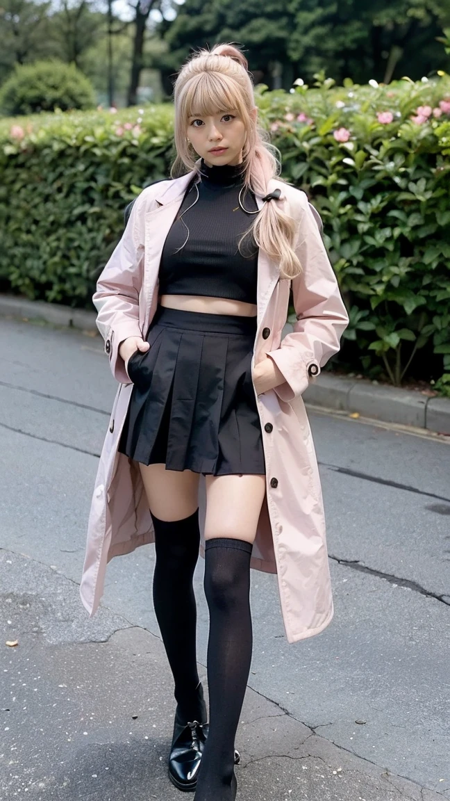 (8k、RAW Photos、highest quality、masterpiece:1.2)、(Realistic、Realistic)、1 girl、((Pink Coat、Blonde、ponytail、Black Mini Skirt、Ribbon on chest、Knee socks、Big Breasts、whole body、garden、View from the front、Looking into the camera、Standing with one hand on one hip))、