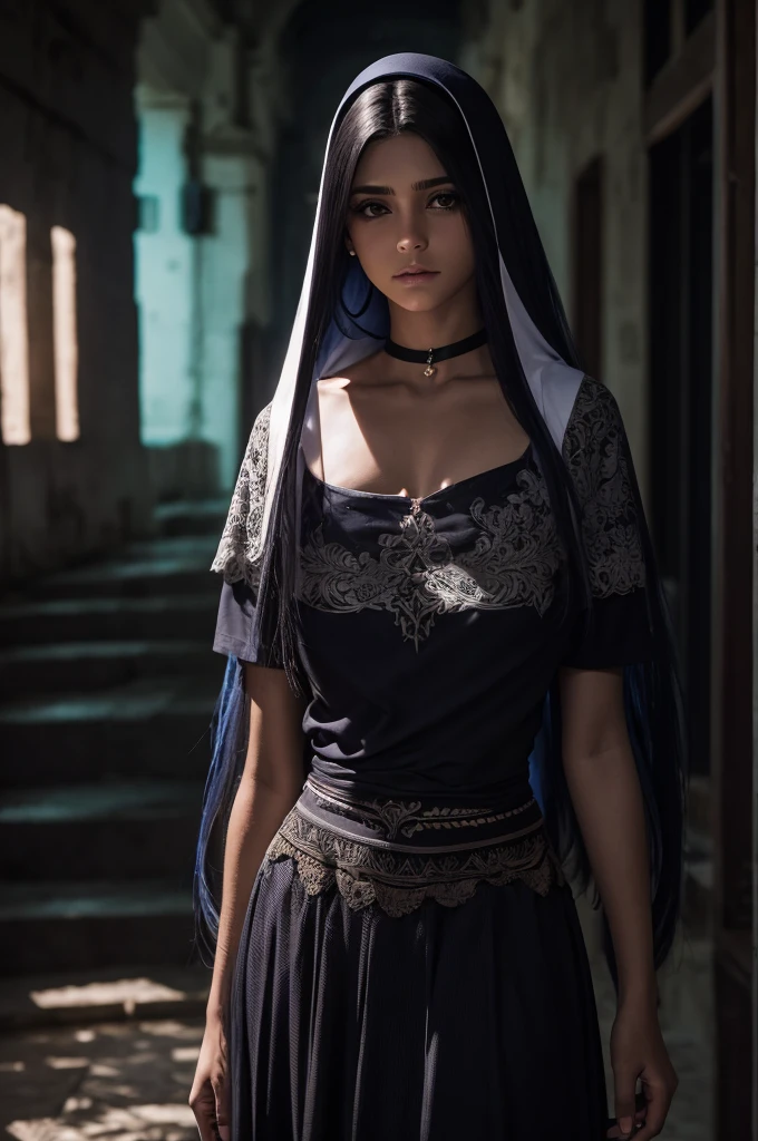 mulher.cabelo preto.olhos castanhos.vestido preto longo.duas espadas