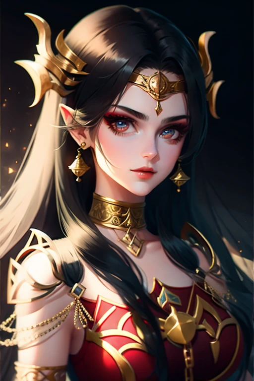 black haired Ravana, hair accessories, canine teeth, pink eyes, Rings on the head, crown, ten faces,twenty hands