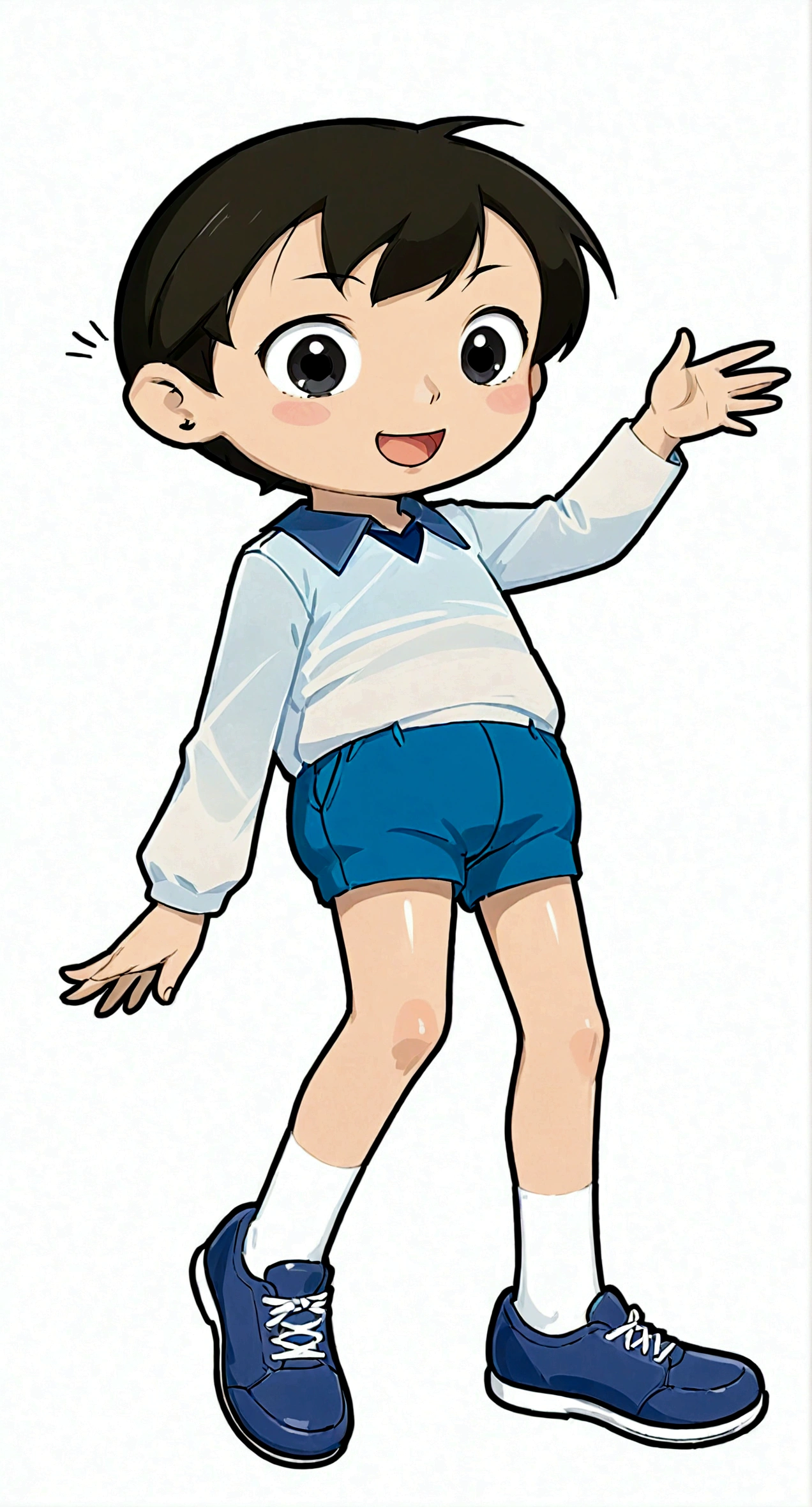 Blue Shirt,蓝色shorts,walk,Make a gesture with your right hand,1boy,black eyes,蓝色shorts,whole body,Male focus,open mouth,shoe,shorts,Simple background,Smile,solo,White background,Out of the wood cedar talent