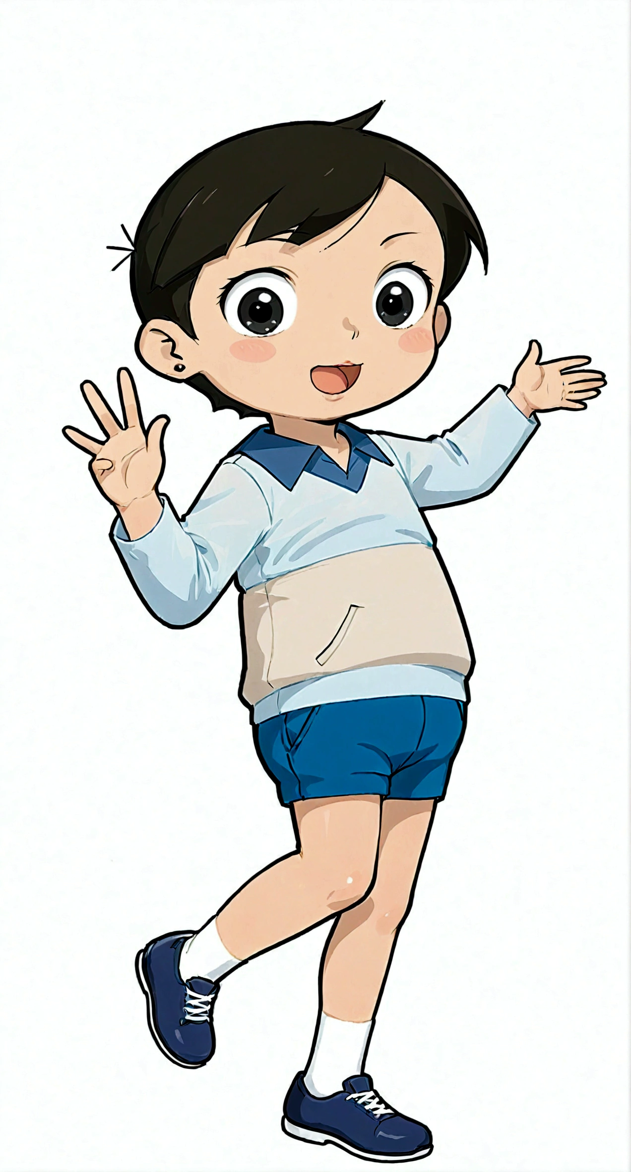 Blue Shirt,蓝色shorts,walk,Make a gesture with your right hand,1boy,black eyes,蓝色shorts,whole body,Male focus,open mouth,shoe,shorts,Simple background,Smile,solo,White background,Out of the wood cedar talent