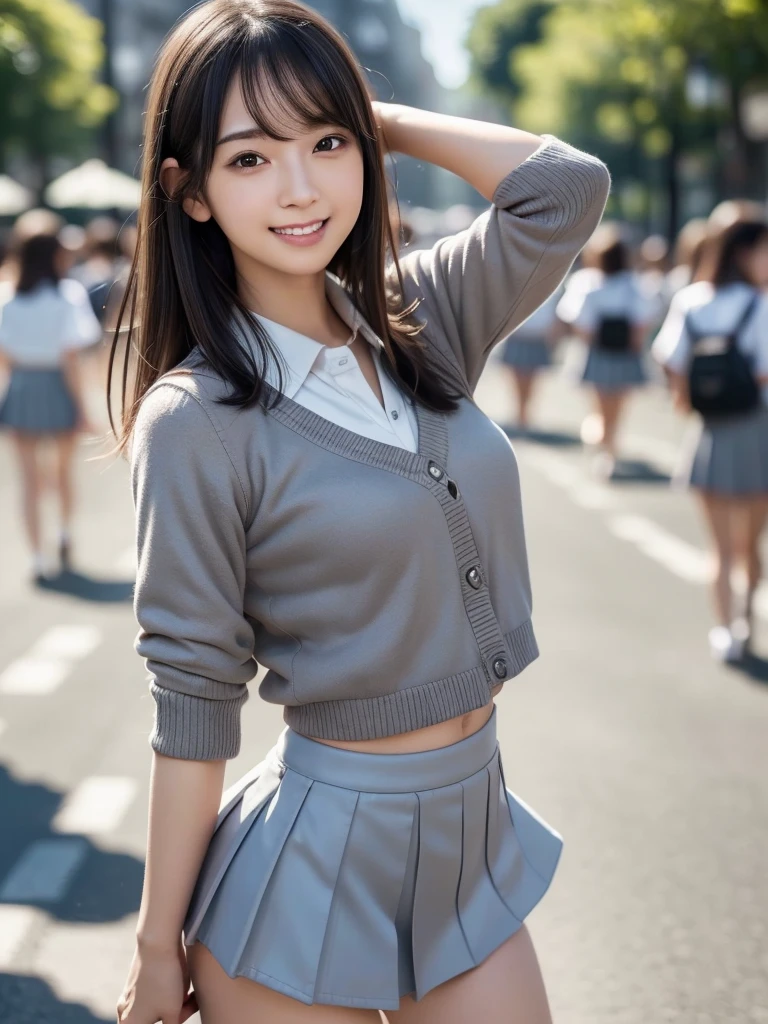 (8k, RAW Photos, highest quality, masterpiece:1.2), (Realistic, photo-Realistic:1.4), (Highly detailed 8k wallpaper), Sharp focus, Depth of written boundary, Cinematic lighting, Soft Light, Eyes of delicate beauty, shiny smooth light brown Long Bob Hair, Asymmetrical bangs, Glowing Skin, Ultra-dense skin,High resolution, High Detail, Detailed hairstyle, Detailed facial beauty, hyper Realistic, Perfect limbs, Perfect ???????, 1 Japanese girl, Famous Japanese Idols, Perfect female body, Large Breasts, (smile), Short eyelashes, double eyelid, Long Bob Hair, (school uniform : 1.3), (Micro Mini Skirt Grey Micro Mini Skirt:1.3), Watching the audience, (Crowded street:1.3), Cowboy Shot