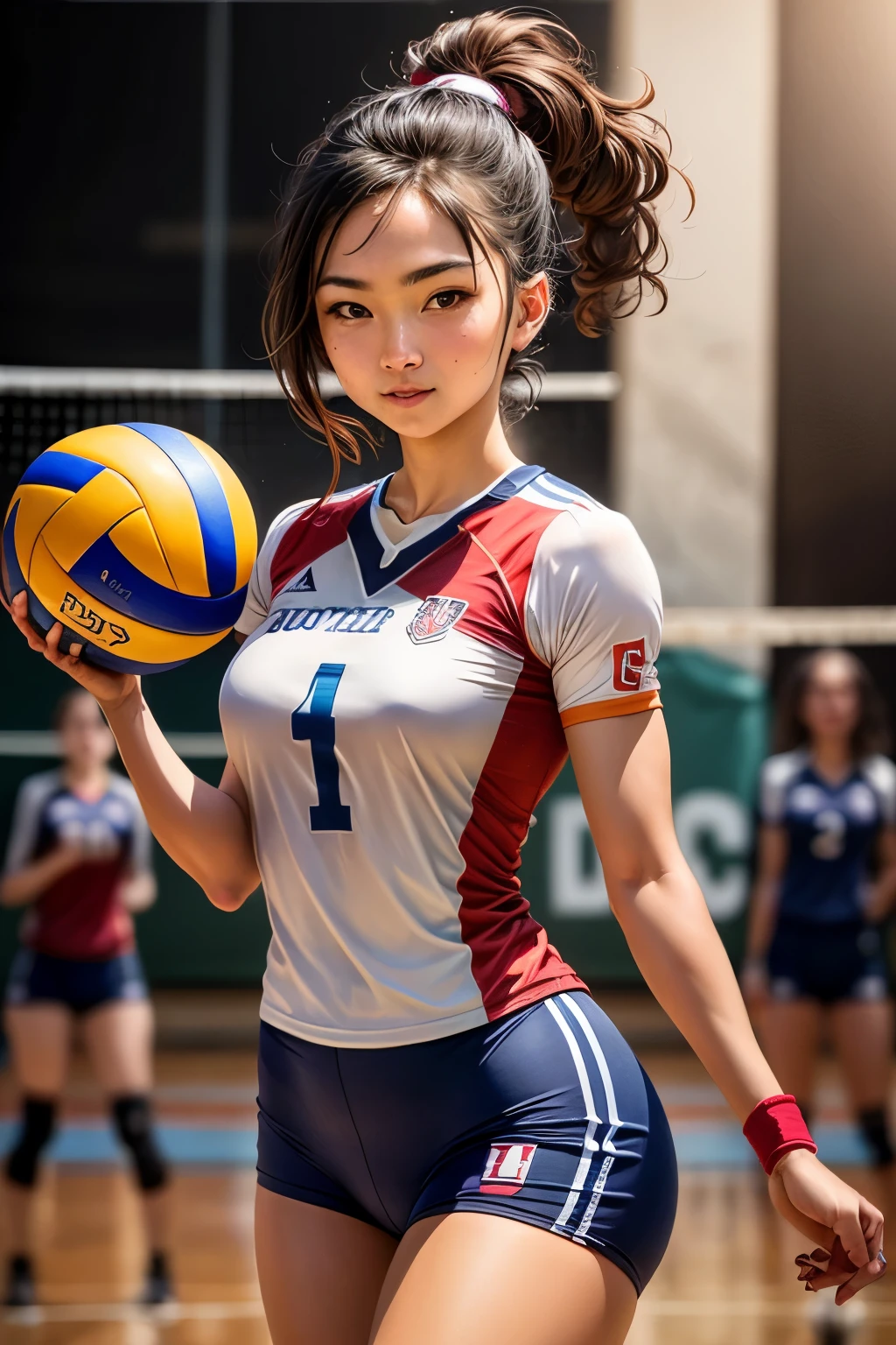 One summer afternoon, as the finest painter, I was preparing to depict the image of a female volleyball player. The canvas in front of me was still blank, but in my mind, her image was already vividly clear.

She was a tall and broad-shouldered volleyball player with a commanding presence. Standing under bright lights at the interview spot, her toned muscles and confident expression immediately drew attention. Her eyes were intense, filled with determination and passion.

In the background, there was an interview set prepared with microphones and cameras. The microphone bore the team’s logo prominently, and behind the camera, journalists were ready to hear her story. The lighting illuminated her face, making her skin glow, and she shone like a radiant star.

She wore her team uniform, a crisp white base with the team colors accentuating it, and her name and number were boldly displayed. The uniform fit her perfectly, highlighting her athletic physique, and an armband on her arm signified her role as the team captain.

She struck a pose with her right hand gently lifting a volleyball. The ball seemed to fit perfectly in her hand, a testament to her love for the game and the countless hours she had spent with it. A smile spread across her face, exuding positive energy and her affection for the team.

I began to transfer her image onto the canvas. Capturing her intense gaze, confident expression, and poised stance, along with the interview backdrop, I meticulously painted every detail. From the volleyball in her hand to the details of her uniform, I aimed to encapsulate her passion, effort, and dreams within this single painting.

When the painting was completed, she seemed to come alive on the canvas. Her image was powerful and beautiful, conveying her love and passion for volleyball. She was more than just an athlete; she was an inspiration to many, continuously striving toward her dreams.






