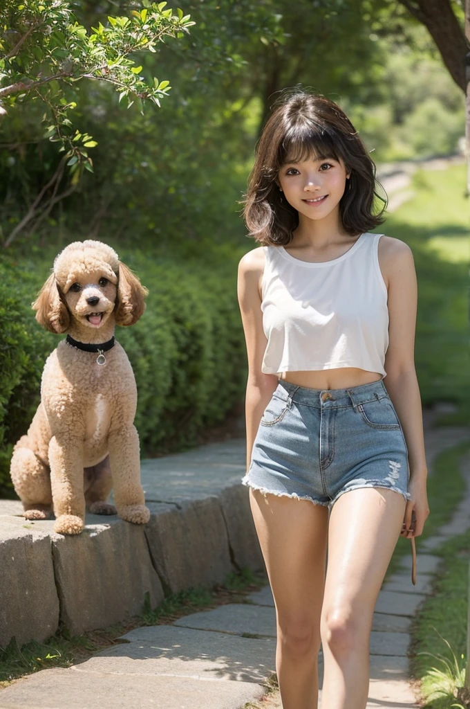 (((masterpiece, realistic, natural, real, very detailed, real life, original))), junior high school student, 14 years old, Javanese teenager, beautiful, elegant, innocent, cute, (((tan skin))), smiling, spoiled, seductive, charming, beautiful, happy, cheerful, short hair with bangs, wearing a sleeveless t-shirt, shorts, (((sexy legging shorts))), ((tight shorts)), walking up the hill, on the path, (((rocky dirt road))), full of bushes, (((leading a poodle dog))), in the mountains, shady trees, afternoon, very detailed, real, alive, natural scenery, cool, bright,( appearance of the whole body),,