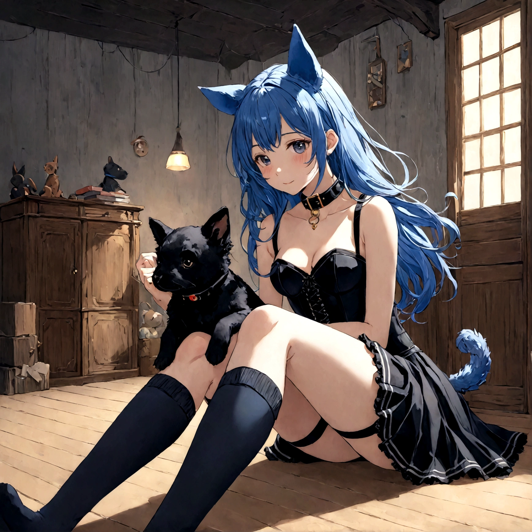 a sexy female with long blue hair, has floppy puppy ears, has a puppy tail, wearing a black corset, wearing a black mini skirt, has a dark blue dog collar on, wearing cute thigh high socks, relaxing on knees, solo, alone, (SOLO)ALONE)