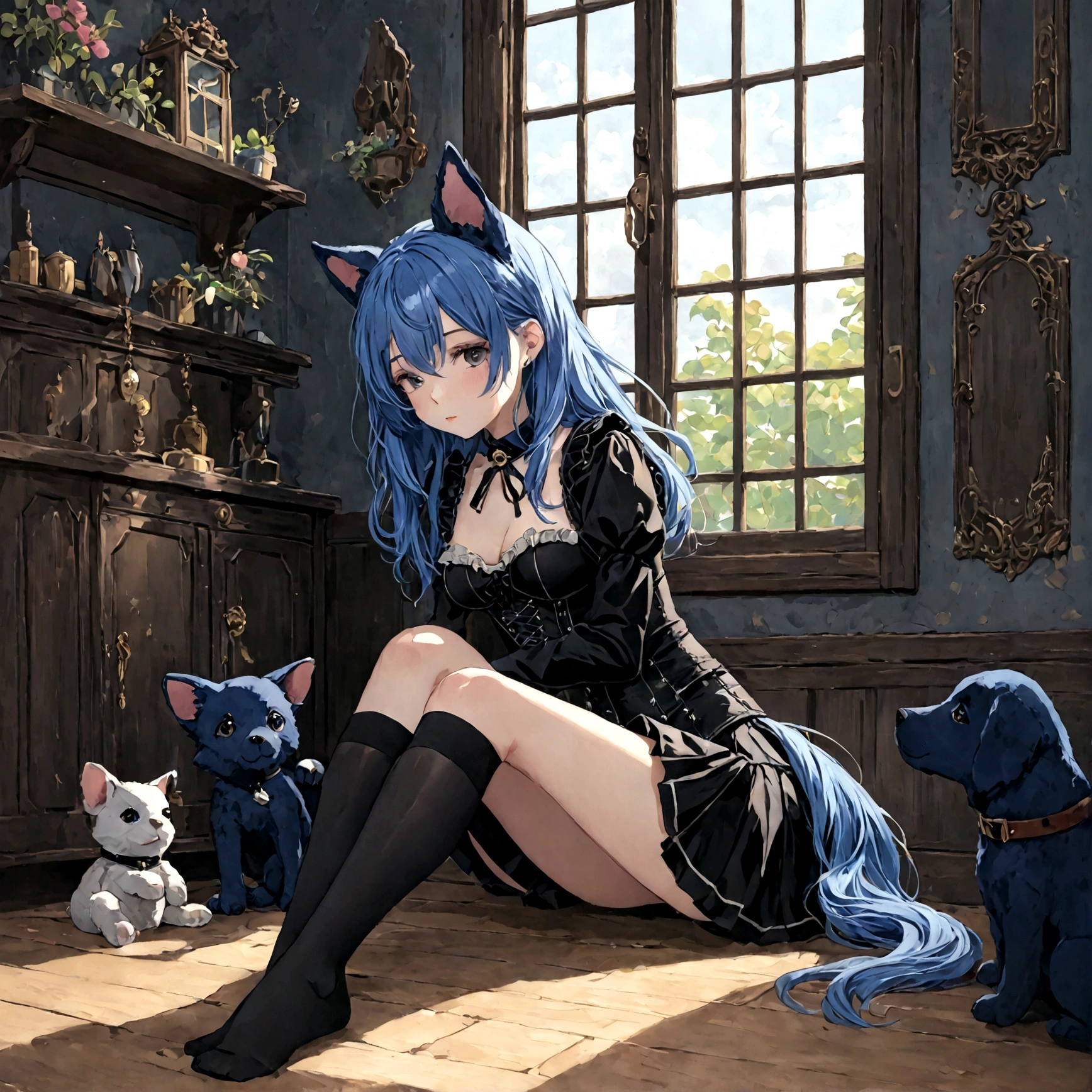 a sexy female with long blue hair, has floppy puppy ears, has a puppy tail, wearing a black corset, wearing a black mini skirt, has a dark blue dog collar on, wearing cute thigh high socks, relaxing on knees, solo, alone, (SOLO)ALONE)