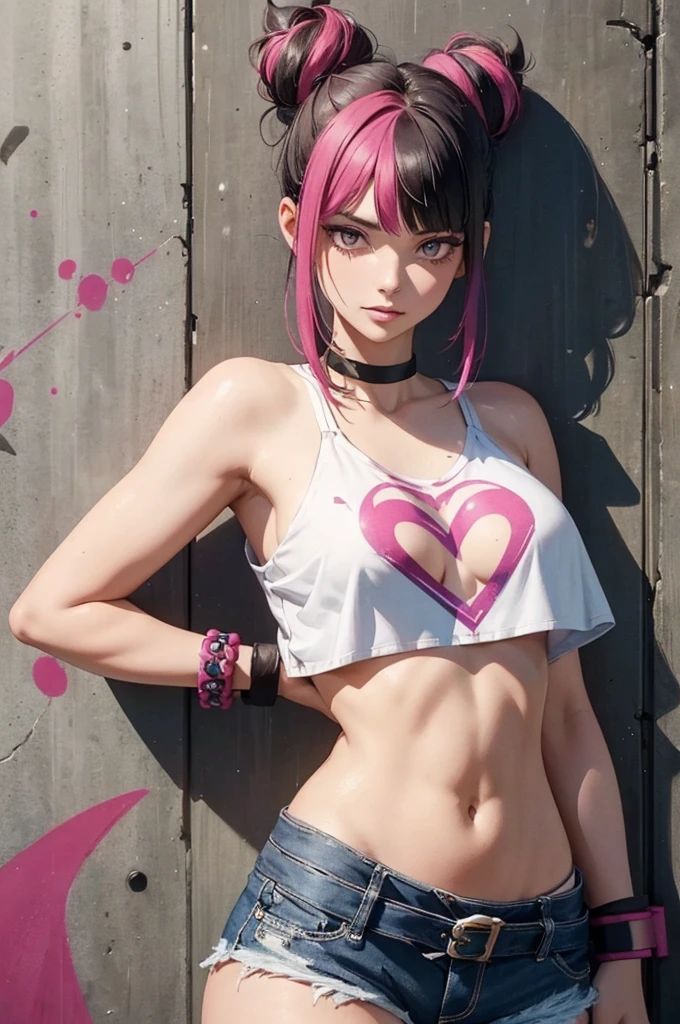 Juri Han,Masterpiece, Best Quality, 1girl, report, crop-top, jean shorts, Choker, (graffiti:1.aint splatter, (Hands Behind Your Back), Against a wall, looking a viewer, A bracelet, thigh strap, Paint on the body, tilt of head, bored, fiery hair color, Rainbow-colored eyes,juri han,olhar malvado