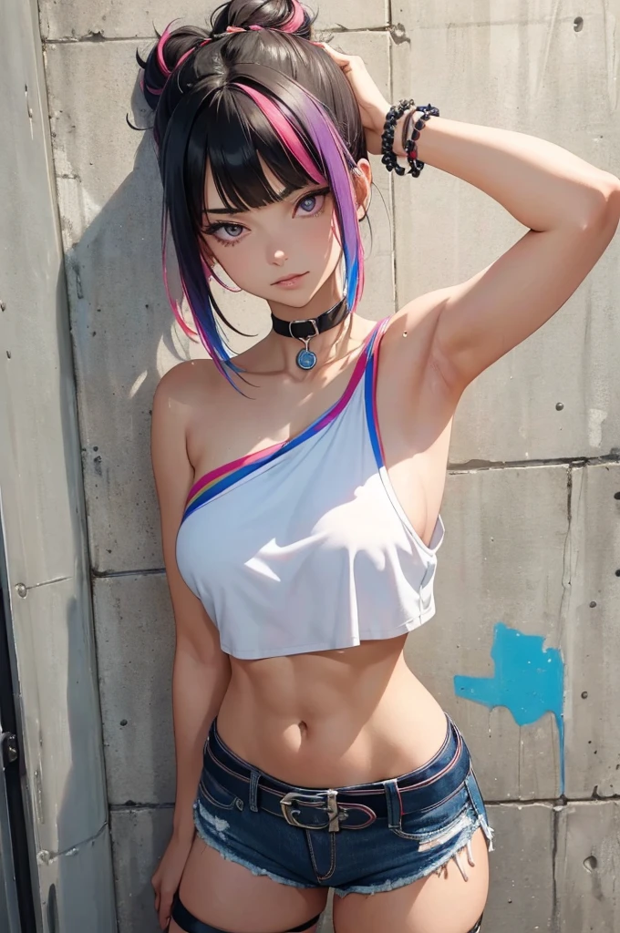 Juri Han,Masterpiece, Best Quality, 1girl, report, crop-top, jean shorts, Choker, (graffiti:1.aint splatter, (Hands Behind Your Back), Against a wall, looking a viewer, A bracelet, thigh strap, Paint on the body, tilt of head, bored, fiery hair color, Rainbow-colored eyes,juri han,olhar malvado
