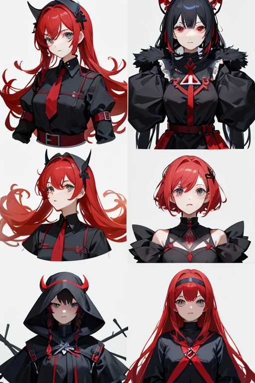Character design four views Red square head Square hair accessories Black clothes Anarchism Bloody Tomorrow's Ark style Post-Soviet post-punk