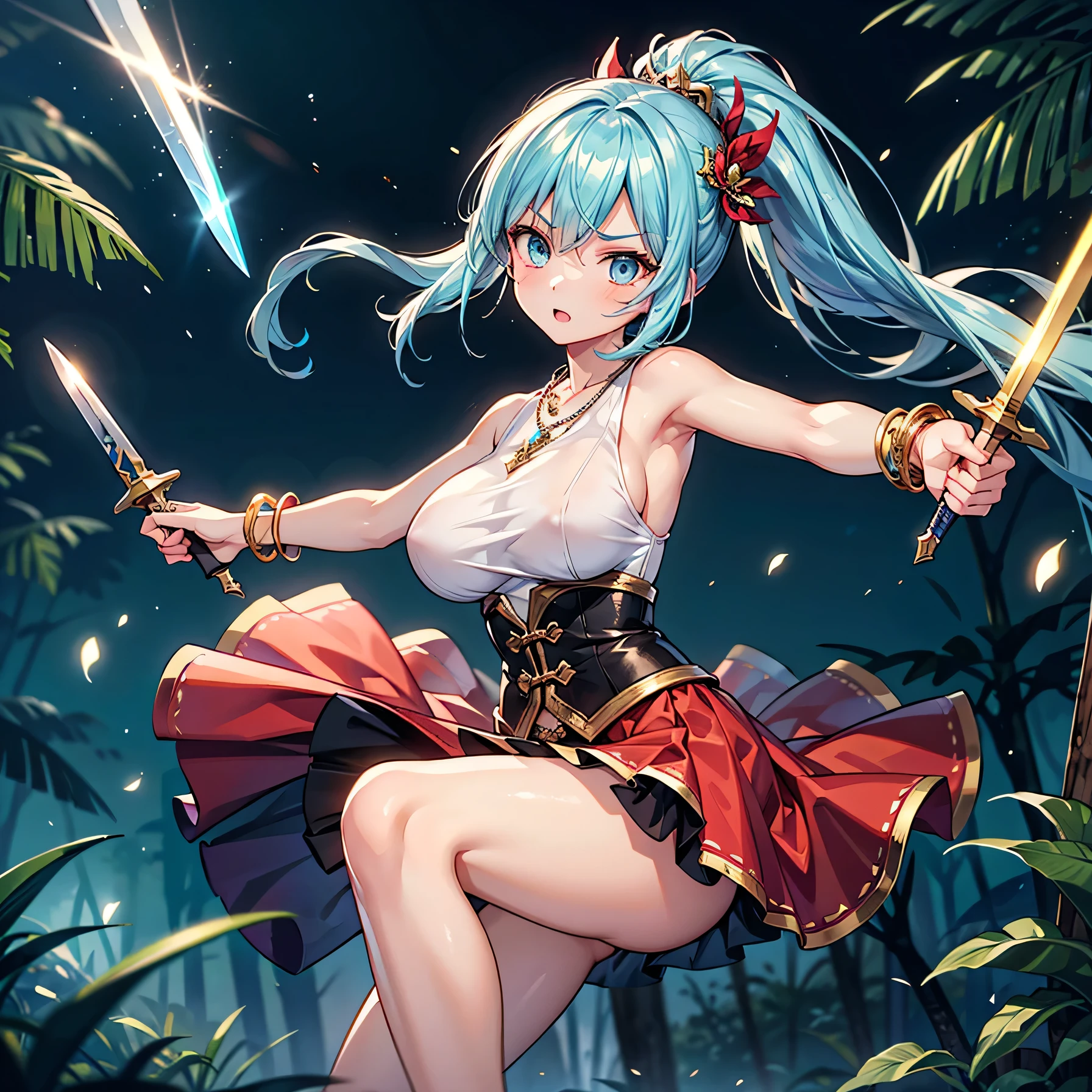 Anime Moe Art Style,highest quality,High resolution,Anatomically correct,One Girl,Mid-teens,A girl with light blue hair in a ponytail,Super detailed,Fantasy World,Sleeveless blouse,flare skirt,Big Breasts,Shiny skin,Beautiful Skin,A rich expression,Serious expression,Night Forest,Dynamic movement,Wielding a dagger,fight,Eyes drawn in detail,hair ornaments,necklace,bracelet,ring,8K