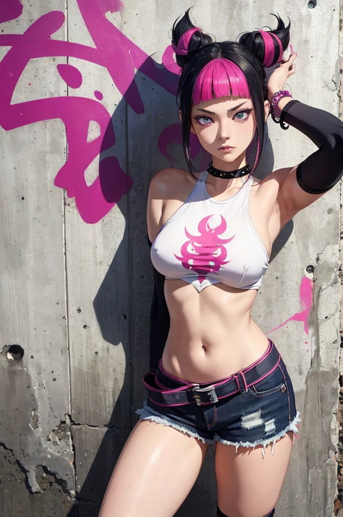 Juri Han,Masterpiece, Best Quality, 1girl, report, crop-top, jean shorts, Choker, (graffiti:1.aint splatter, (Hands Behind Your Back), Against a wall, looking a viewer, A bracelet, thigh strap, Paint on the body, tilt of head, bored, fiery hair color, Rainbow-colored eyes,juri han,olhar malvado