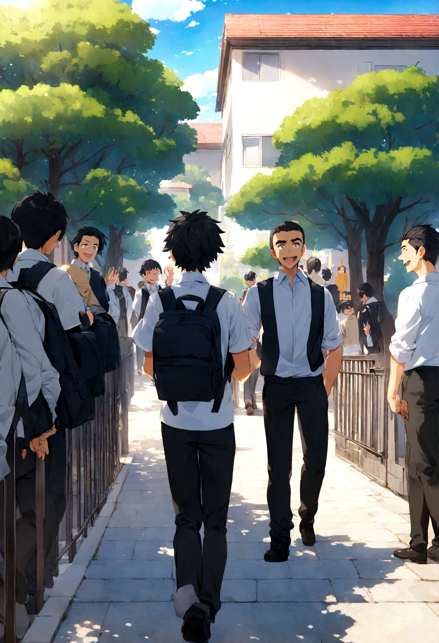 "Takashi, a young schoolboy with short black hair, is walking towards his school on a sunny morning. He is wearing a typical  and carrying a backpack. The school building is visible in the background, with its modern architecture and a large entrance. As Takashi approaches the school gate, he smiles and waves at his friends who are gathered nearby. His friends, also in school uniforms, are chatting and laughing, creating a warm and friendly atmosphere. The street is lined with trees and has a few other students and people going about their day, adding to the lively scene."