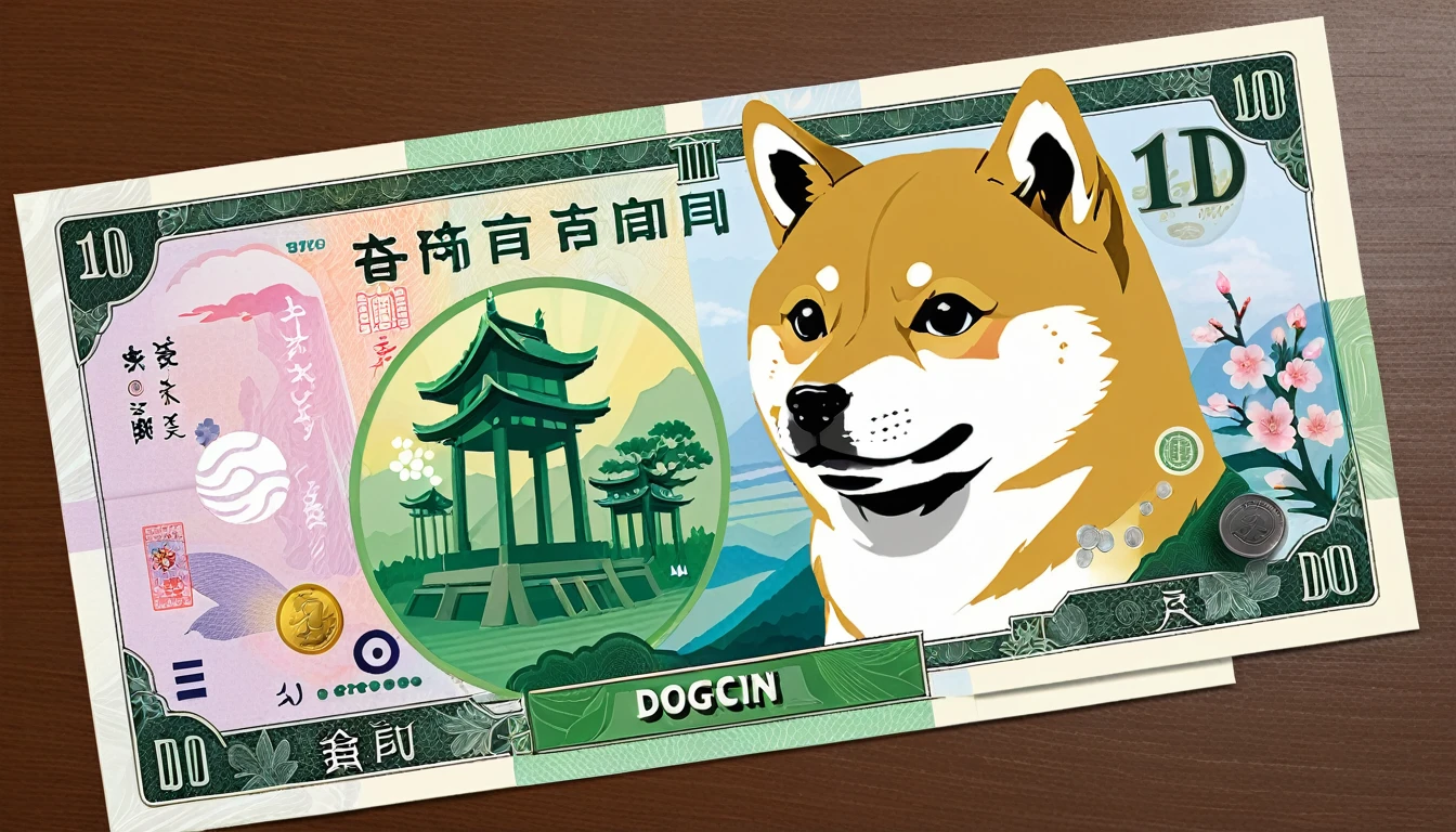 Design of paper banknotes, come up with a design of a paper bill for DOGE COINS with the image of A Shiba Inu and the attributes of fictional money, inscription "1 Dogecoin" and "Dog piggy bank"