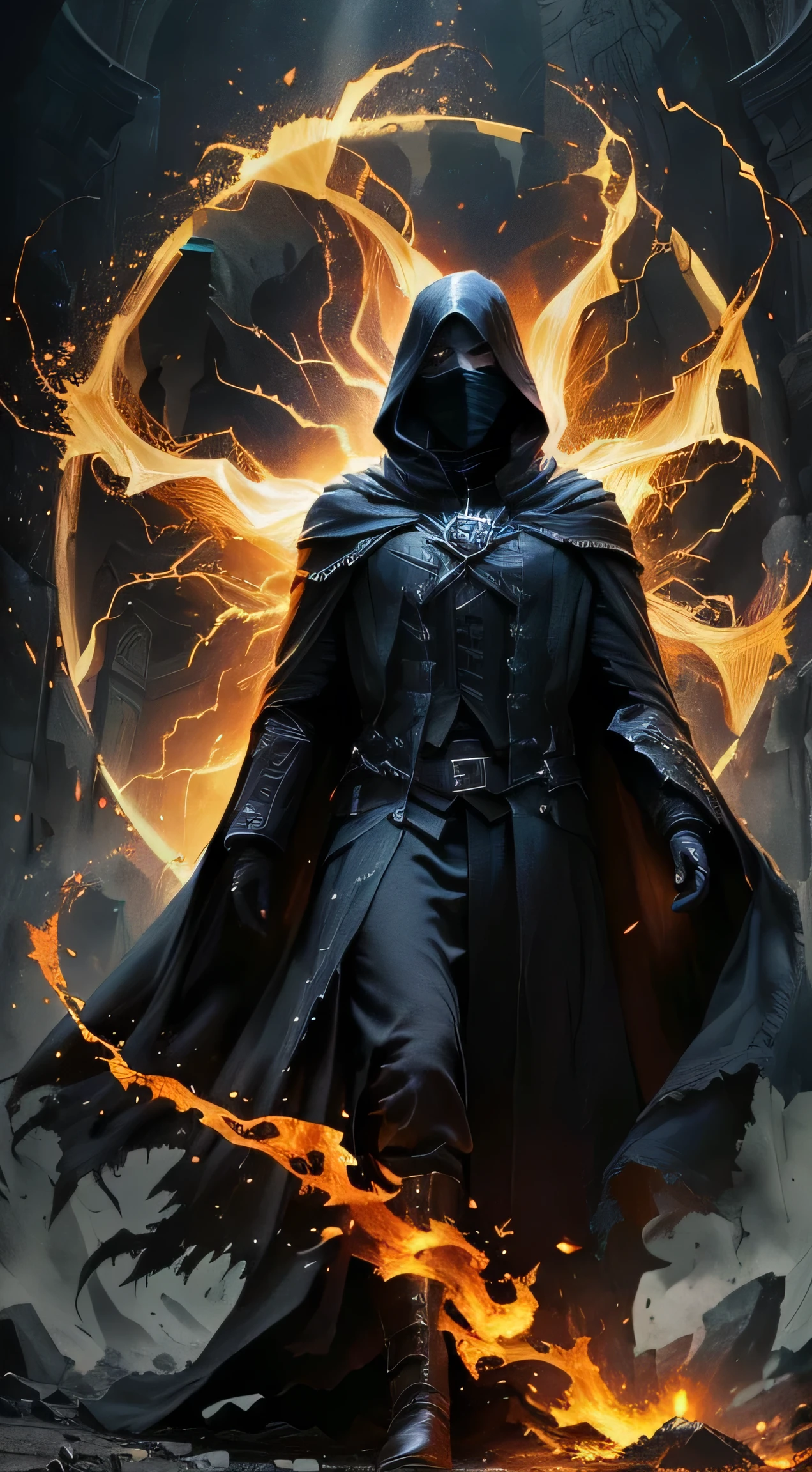 un hombre con una sudadera con capucha parado frente al fuego, dark, flowing tunic, nigromante de capa oscura, Mago oscuro, espectro oscuro encapuchado, the dark lord, evil male sorcerer, Parca llameante, Lord of the Ash, inquisidor de acero de mistborn, the dark lord sauron, figura envuelta en una capa oscura, movie poster character