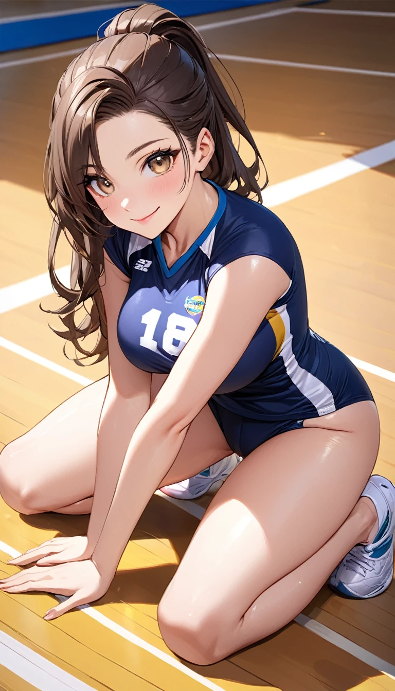 masterpiece, highest quality, Very detailed, ,Fine details, Anime style, One girl, 22 years old, Cute face、bangs, slicked back hair, large breasts、Big Ass、Tight waist、Dynamic Angle、Long Hair、Beautiful Eyes、dark brown hair, Shiny Hair, light brown eyes、smile, sexy pose, bewitching pose, frog-sit on the floor, ((volleyball uniform))、track and field athlete, Gymnasium、Depth of written boundary、Shorts、