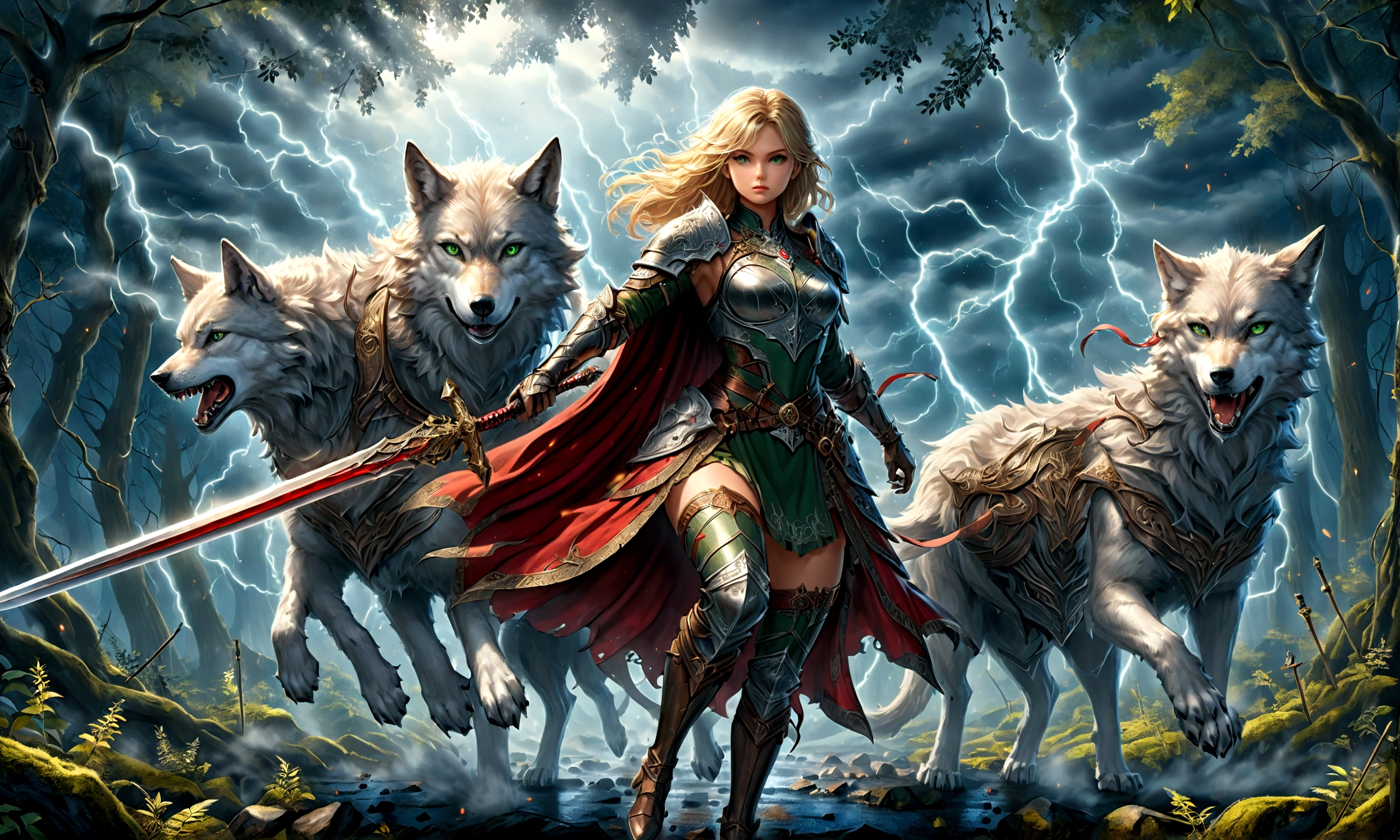 fantasy art, RPG art, Dark fantasy art, ultra wide shot, RAW, photorealistic, a picture of (1single: 1.5) female human ranger, the ranger, an exquisite beautiful human woman, long blond hair, braided hair, green eyes, wearing leather armor, wearing (red cloak: 1.1), armed with a (sword: 1.3), wearing laced boots, standing in a dark forest at night, (mist rising from the grounds: 1.3), a sense of dread and fear, yet she stands defiant and fearless, there is a (wolf: 1.2) (anatomically correct)  companion standing by, guarding her, protecting her, dark fantasy forest background, best quality, 16k, [ultra detailed], masterpiece, best quality, (ultra detailed), full body, ultra wide shot, photorealism, Sword and shield, aetherpunkai