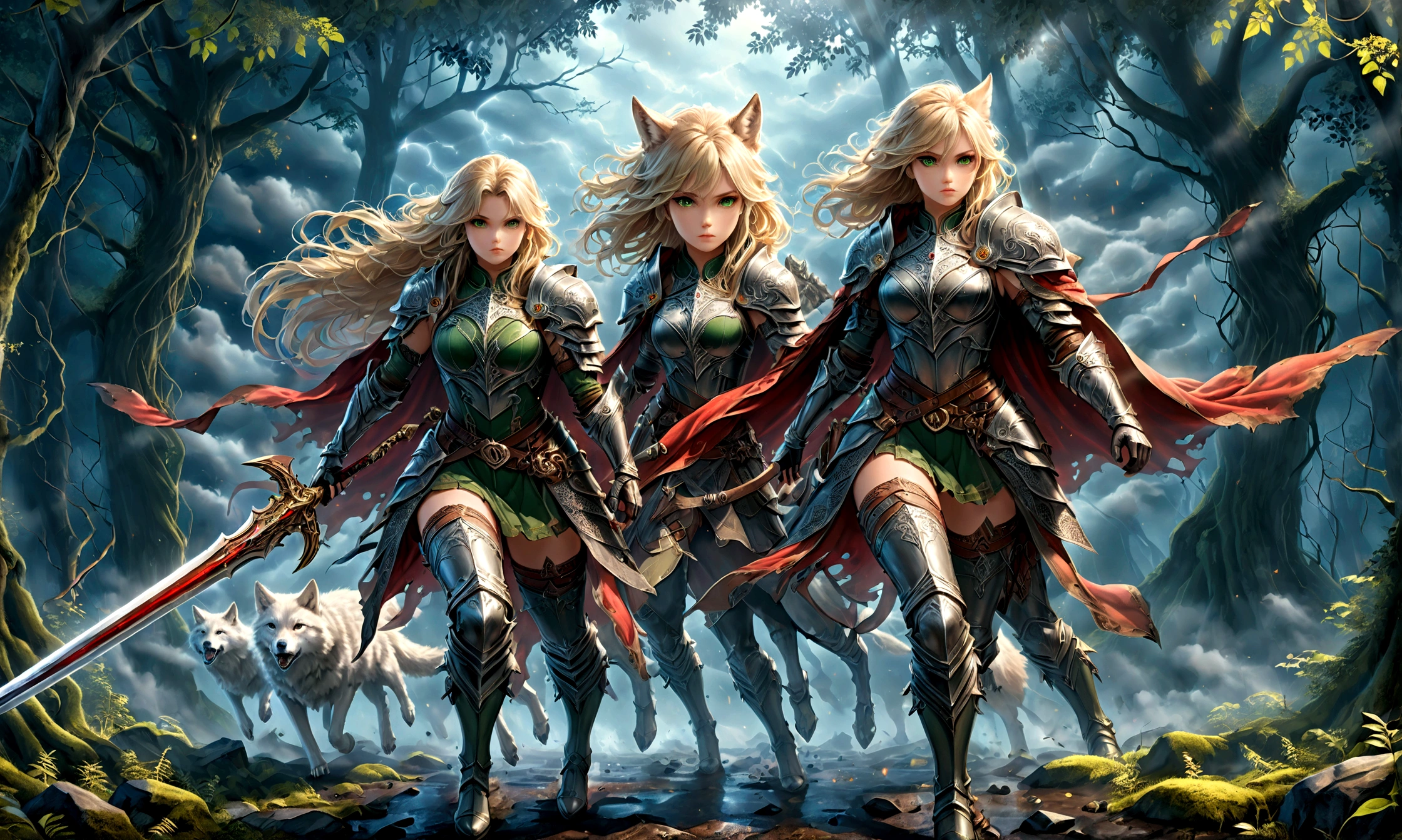 fantasy art, RPG art, Dark fantasy art, ultra wide shot, RAW, photorealistic, a picture of (1single: 1.5) female human ranger, the ranger, an exquisite beautiful human woman, long blond hair, braided hair, green eyes, wearing leather armor, wearing (red cloak: 1.1), armed with a (sword: 1.3), wearing laced boots, standing in a dark forest at night, (mist rising from the grounds: 1.3), a sense of dread and fear, yet she stands defiant and fearless, there is a (wolf: 1.2) (anatomically correct)  companion standing by, guarding her, protecting her, dark fantasy forest background, best quality, 16k, [ultra detailed], masterpiece, best quality, (ultra detailed), full body, ultra wide shot, photorealism, Sword and shield, aetherpunkai