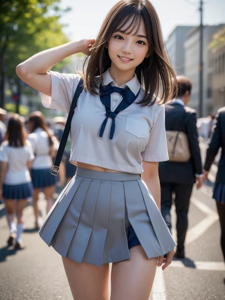 (8k, RAW Photos, highest quality, masterpiece:1.2), (Realistic, photo-Realistic:1.4), (Highly detailed 8k wallpaper), Sharp focus, Depth of written boundary, Cinematic lighting, Soft Light,Eyes of delicate beauty,shiny smooth light brown Long Bob Hair, Asymmetrical bangs, Glowing Skin, Ultra-dense skin,High resolution, High Detail, Detailed hairstyle, Detailed facial beauty, hyper Realistic, Perfect limbs, Perfect Anatomy ,1 Japanese girl,Famous Japanese Idols, Perfect female body, Large Breasts,smile,Short eyelashes,double eyelid,Long Bob Hair, (school uniform : 1.3), (Micro Mini Skirt Grey Micro Mini Skirt:1.3),Watching the audience, (Crowded street:1.3),Cowboy Shot