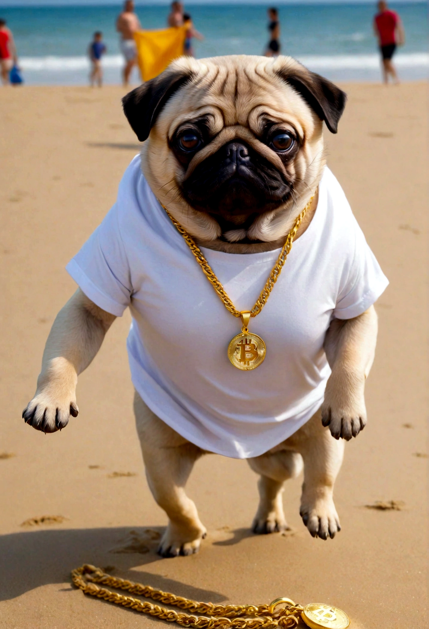 Por favor, genera un meme alegre y realista que represente al expresidente Trump acariciando un pug en una playa. I would like the pug to have a beach shirt on and former President Trump to be smiling. Besides, I would like the pug to wear a gold chain with a Bitcoin pendant (BTC) colgando de ella. Por favor, make the meme colorful and vibrant to convey a sense of joy and fun