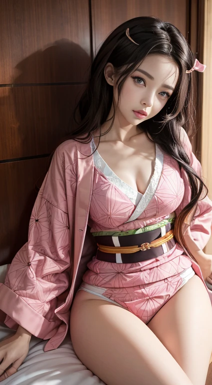 Masterpiece, Best Quality, High Resolution, Venus1, 1Girl, Solo, Tsuko Kamato, Bamboo, Gag, Hair (brown), Plaid Belt, Gag, Gag, Gradient Hair, Hair Ribbon, Haori, Japanese Clothing, Very Short Kimono, showing her underwear, big , Long Hair, Looking at the Audience, Multicolored Hair, Pink Eyes, Very Short Pink Kimono, showing her bra, Pink Ribbon, Ribbon, Solo, (((Masterpiece)), Forehead, lying on the bed, showing her , moaning, Cute puffing cheeks, seducing, Eyes wide, slim waist, sexy posing, slim tight,
