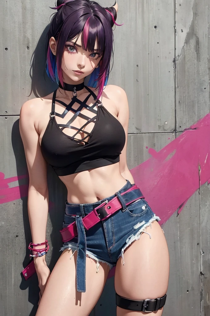 Juri Han,Masterpiece, Best Quality, 1girl, report, crop-top, jean shorts, Choker, (graffiti:1.aint splatter, (Hands Behind Your Back), Against a wall, looking a viewer, A bracelet, thigh strap, Paint on the body, tilt of head, bored, fiery hair color, Rainbow-colored eyes,juri han,olhar malvado
