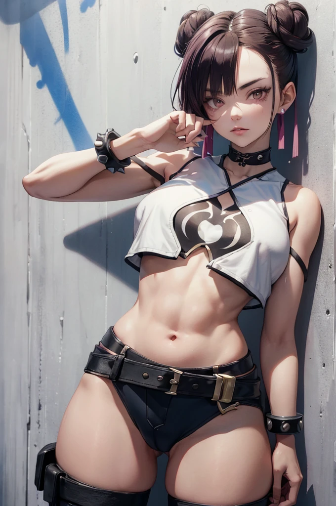 Juri Han,Masterpiece, Best Quality, 1girl, report, crop-top, jean shorts, Choker, (graffiti:1.aint splatter, (Hands Behind Your Back), Against a wall, looking a viewer, A bracelet, thigh strap, Paint on the body, tilt of head, bored, fiery hair color, Rainbow-colored eyes,juri han,olhar malvado
