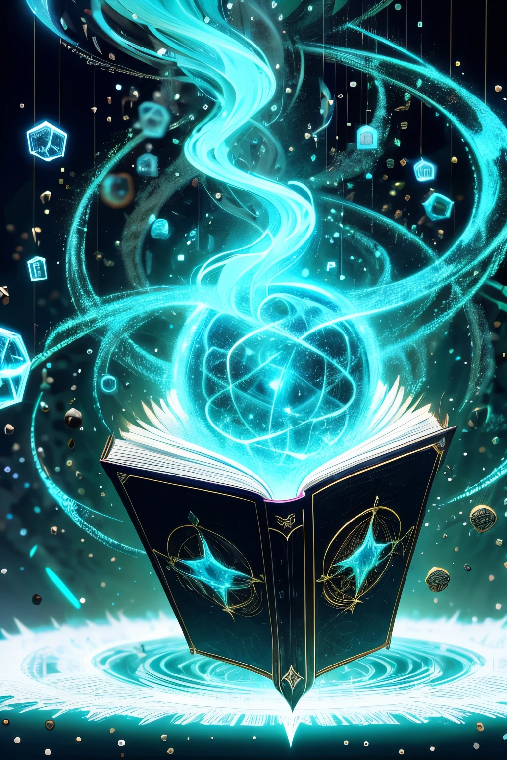Magic of Creation , Constructo fragmentado ,Particle Flow, ethereal creation , grimorio, A book of spells on a mystical cover., tachonado con una gema,icono de juego,obra maestra,mejor calidad,ultra detallado,obra maestras,
 
