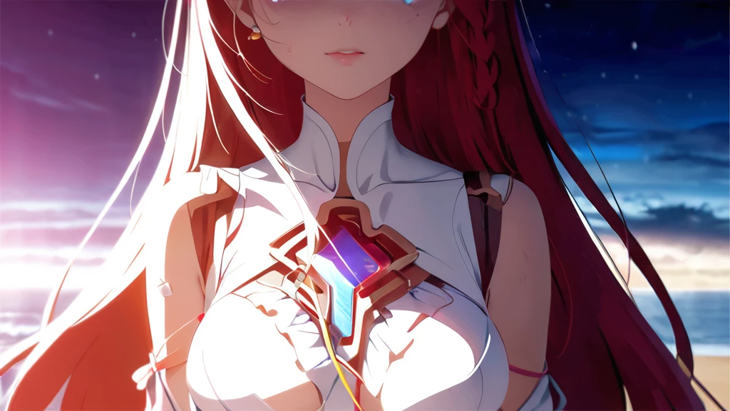 best quality, Super No, Reality, photo of a beautiful woman, 18 years old age years, Delicate face, Black messy fishtail braid, (Delicate porcelain doll,Elaborate clothing with lots of ruffles and ribbons), beach, (Close-up of face), Attractive appearance, Watch the audience in 4K Ultra HD, masterpiece, High Detail, A girl, Cute face, delicate eyes, long hair, Detailed lips, Medium breasts, Lights on clothes, Cyberpunk dress, Neon burning on dress, Neon Breasts, Bare waist, Current Effect, Wires connected to the body,lights on, Wires connected to the head, Wires connected in hand, Wire on breast, 身上的机械lights on, The body is burned by the light, Lights on hair, Magical light effects on the body, Halo effect, Glow effect, Direct - x 2.0 Visuals, High Graphics Night Light, Diffuse Light, Light Reflection, Light Reflection on road, Red lights are everywhere, Neon, Full body capture,16k ultra-fine CG wallpaper, masterpiece, Excellent image quality, Ultra-delicate), (Excellent lighting, Delicate and beautiful), Really smooth skin, Bright face, 18K close-up perfect display, Change, Lovely, Girl wearing delicate hollow shirt and underwear, Lying on the big white bed, Colorful jewel-like eyes.Posture,Full breasts,Golden ratio figure,Perfect body, Ancient mysterious figure, mystical atlantean valkyrie, Mysterious Valkyrie,