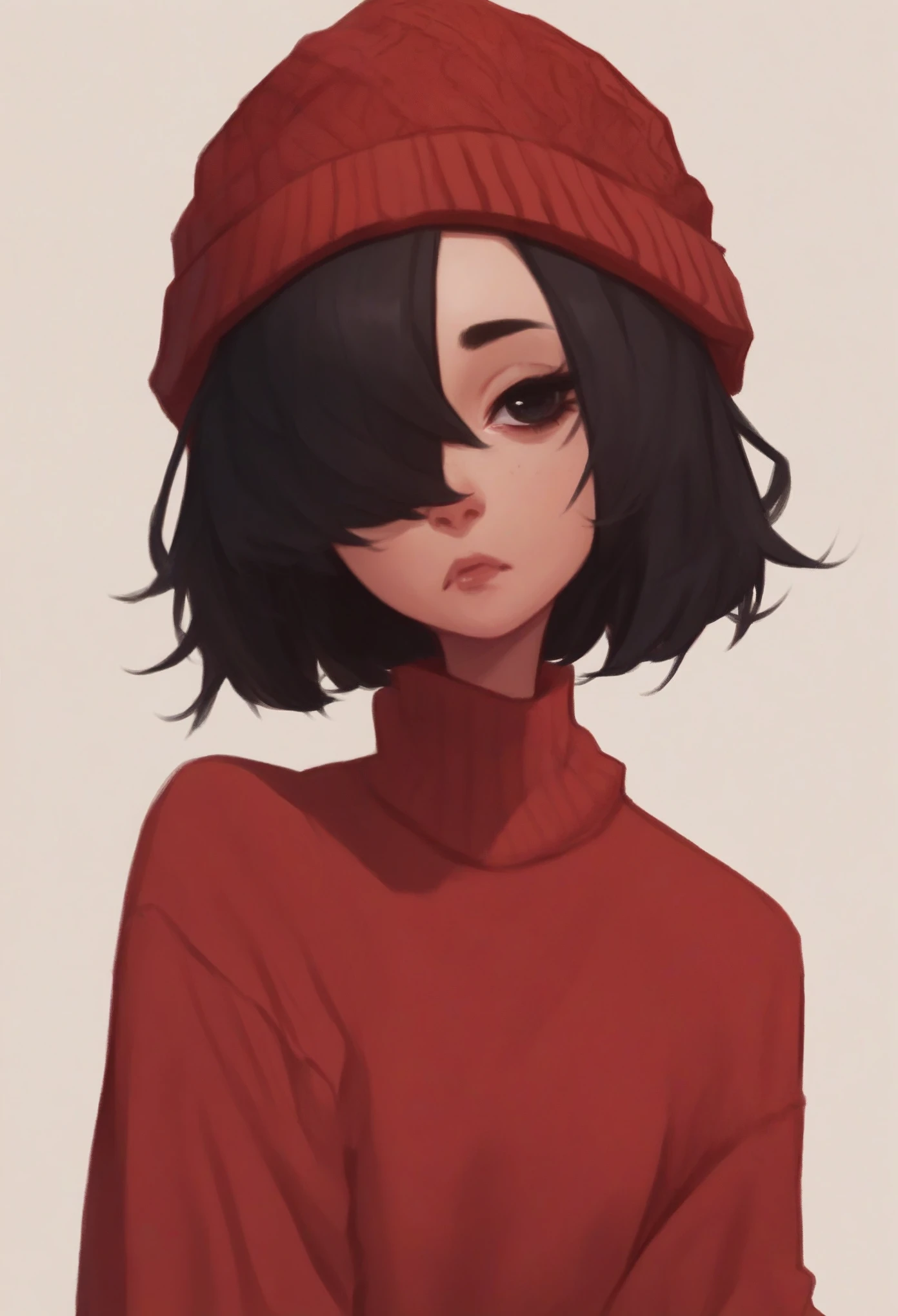 dijor, score_9, score_8_up, score_7_up, 1girl, solo, red sweater, black bob hair, hair covering one eye, red knitted hat,