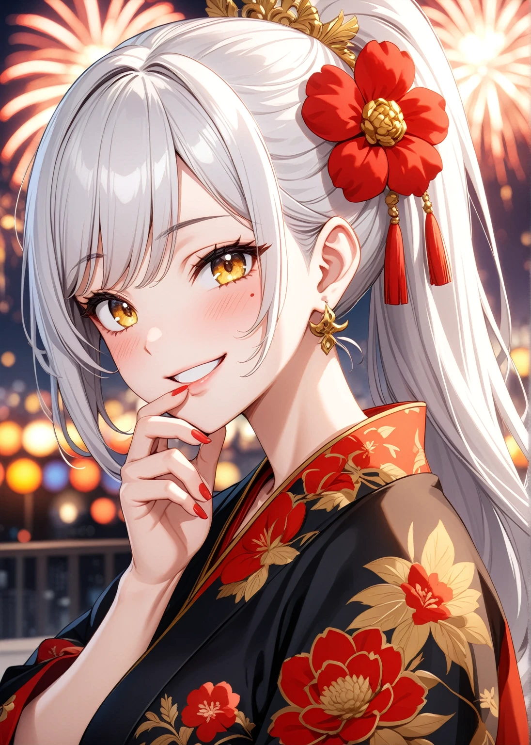 ((one personの女性)), Beautiful Face,Laughing embarrassedly,((Wink:2.0)),Laughing with your mouth open,((Bright red cheeks:1.3)),Glossy pink lips,night,rooftop,firework,((Anime style background)),masterpiece, highest quality, so beautiful, Latest, Complex details, (Pink long nails),(ring),AI-generated, Complex,High resolution, highest quality, super high quality,3D Images、View your viewers、3D Images,one person,Long white hair,High Ponytail,blue eyes,Anime woman posing for a photo, ((Fine grain、Yellow colorful eyes、Shining Eyes:1.3)),(Squint your eyes:1.1),a hyperRealistic , hyperRealistic , Realistic,Anime woman with long and white hair, Smooth anime CG art, A woman in a colorful kimono with gold embroidery, (Black kimono),Red floral pattern,Long flower hair ornament,Big earrings,Mature Body,(Big Breasts:1.1),Tall,Big Ass,Fine details,Narrow waist,(Face close-up:1.5),(Hide your mouth with both hands)