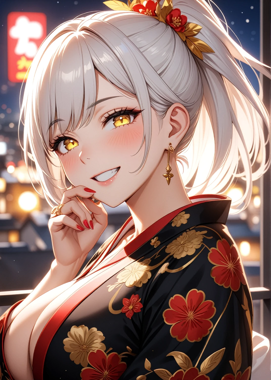 ((one personの女性)), Beautiful Face,Laughing embarrassedly,((Wink:2.0)),Laughing with your mouth open,((Bright red cheeks:1.3)),Glossy pink lips,night,rooftop,firework,((Anime style background)),masterpiece, highest quality, so beautiful, Latest, Complex details, (Pink long nails),(ring),AI-generated, Complex,High resolution, highest quality, super high quality,3D Images、View your viewers、3D Images,one person,Long white hair,High Ponytail,blue eyes,Anime woman posing for a photo, ((Fine grain、Yellow colorful eyes、Shining Eyes:1.3)),(Squint your eyes:1.1),a hyperRealistic , hyperRealistic , Realistic,Anime woman with long and white hair, Smooth anime CG art, A woman in a colorful kimono with gold embroidery, (Black kimono),Red floral pattern,Long flower hair ornament,Big earrings,Mature Body,(Big Breasts:1.1),Tall,Big Ass,Fine details,Narrow waist,(Face close-up:1.5),(Hide your mouth with both hands)