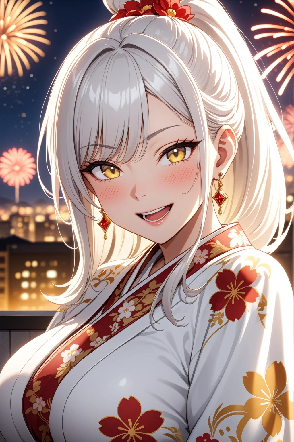 ((one personの女性)), Beautiful Face,Laughing embarrassedly,Laughing with your mouth open,((Wink:2.0)),(Bright red cheeks),Glossy pink lips,night,rooftop,firework,((Anime style background)),masterpiece, highest quality, so beautiful, Latest, Complex details, (Pink long nails),(ring),AI-generated, Complex,High resolution, highest quality, super high quality,3D Images、View your viewers、3D Images,one person,Long white hair,High Ponytail,blue eyes,Anime woman posing for a photo, ((Fine grain、Yellow colorful eyes、Shining Eyes:1.3)),(Squint your eyes:1.1),a hyperRealistic , hyperRealistic , Realistic,Anime woman with long and white hair, Smooth anime CG art, A woman in a colorful kimono with gold embroidery, (White kimono),Red floral pattern,Long flower hair ornament,Big earrings,Mature Body,(Big Breasts:1.2),Tall,Big Ass,Fine details,Narrow waist,Abdominal muscles,(Face close-up:1.3),