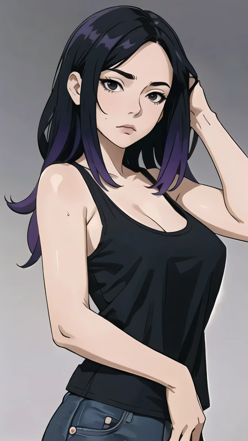 (masterpiece:1.2)

-lucy from moemate, 1girl, 1 girl

-A woman with dark purple ombre hair and black eyes, dressed in a black tank top and jeans. Black tank top, black colored tank top. A gothic-looking female character with black eyes, black eyes.

-boredom expression, indifference, Bored looking, bored expression, bored face, blank expression, double eyelid, half closed eyes, relaxed, relaxed expression, tired expression.

-showing forehead, forhead, slightly large breasts, C-Cup, , average build

-in her 30s, mature female, adult woman, sexy, seductive

-simple background, solid background, grey background, solid grey background

- purple hair, purple ombre hair, long layered haircut, long layered hairstyle, slightly messy hair, messy hair, long haircut, purple ombre hair

- hand-to-hair pose, hand-to-hair, runs her hand through her hair, one hand in hair