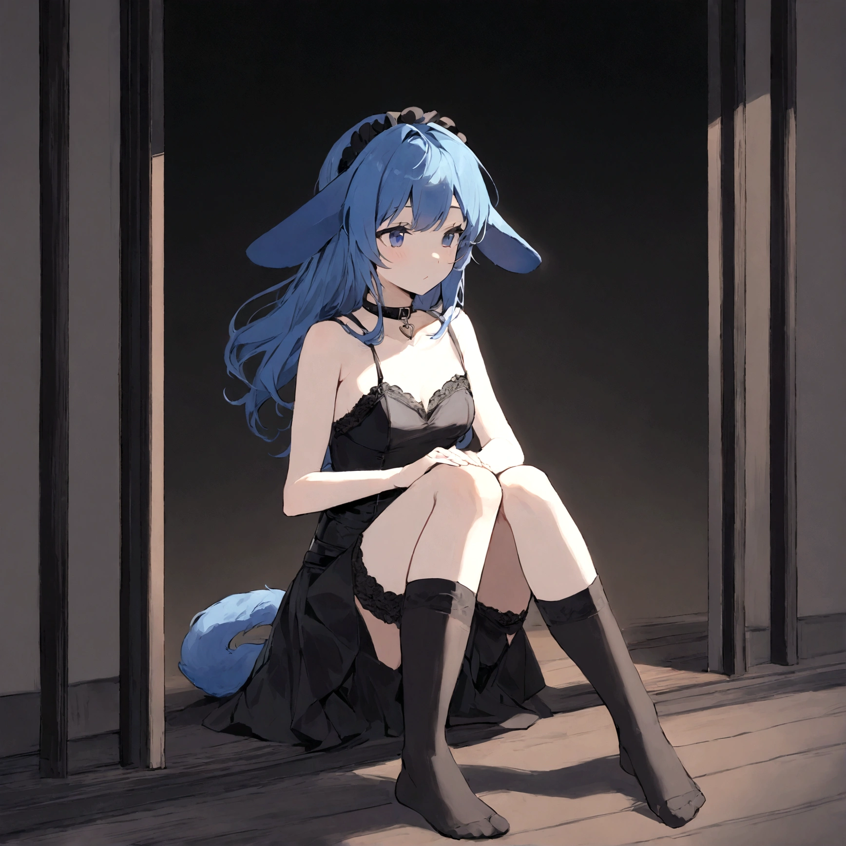 a sexy female with long blue hair, has floppy puppy ears, has a puppy tail, wearing a black corset, wearing a black mini skirt, has a dark blue dog collar on, wearing cute thigh high socks, relaxing on knees, solo, alone, (SOLO)ALONE), no dogs, single girl, on knees