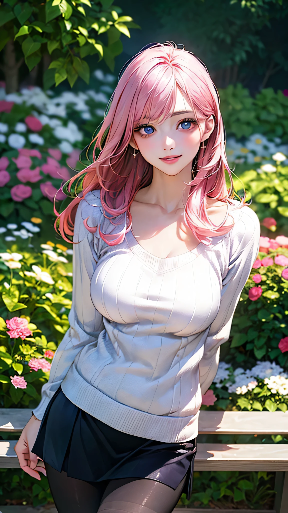 (masterpiece:1.2, highest quality), (Realistic, photoRealistic:1.4), Written boundary depth,
Show Viewer, 20-year-old, Perfect Face, Cute and symmetrical face, Shiny skin,
(Long Hair:1.5, Pink Hair), Big eyes, (Big Breasts),
Beautiful Hair, Beautiful Face, Beautiful Eyes, clavicle, Beautiful body, Beautiful breasts, Beautiful thighs, Beautiful legs, Beautiful fingers,
(White knit sweater, Navy Tight Skirt, Black Pantyhose), clavicle, (Cute Smile, Lips parted), garden, bench,