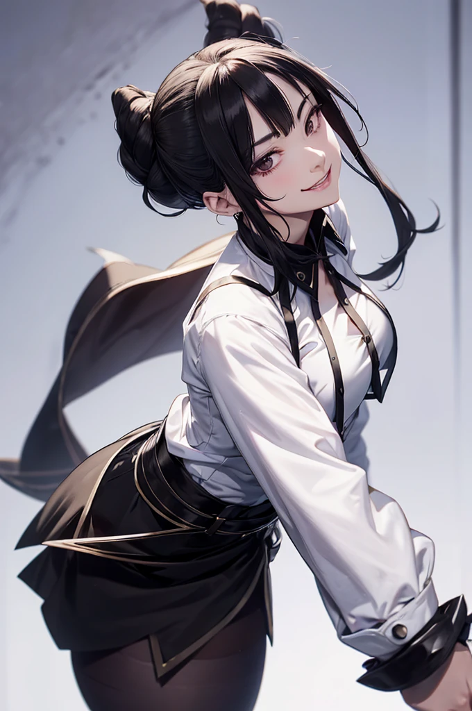 juri han, work of art, tight white secretary shirt with black tie, black high waist skirt, short skirt, short hair, black hair, black tights evil smile,oculos
