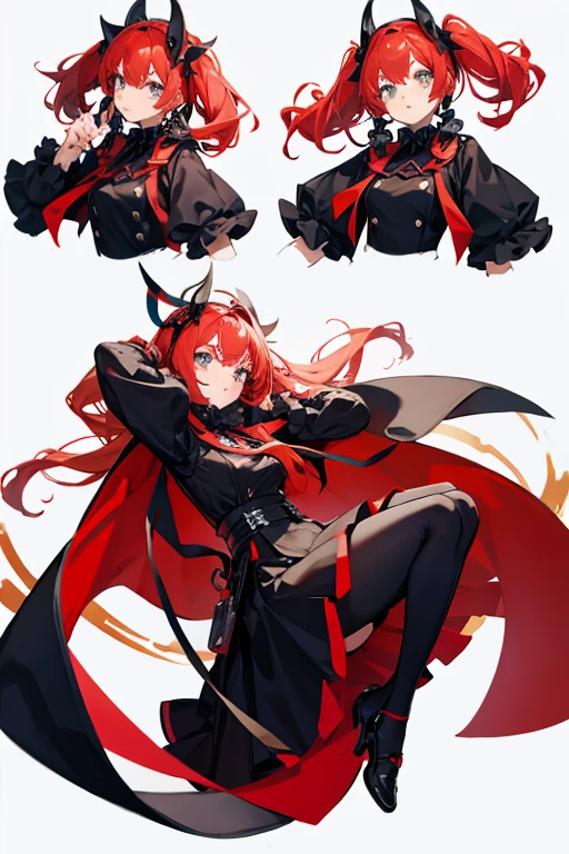 Woman with blood red hair, hypdertailed, white clothing with black details, eyes with orange stars, (Big Breasts 1.5, Broad Hips) black gloves, black shoe, tapa okho preto